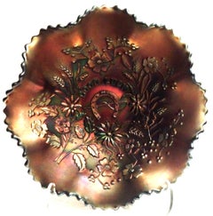 1930s American Blown Art Glass "Good Luck" Ruffle Bowl by Northwood