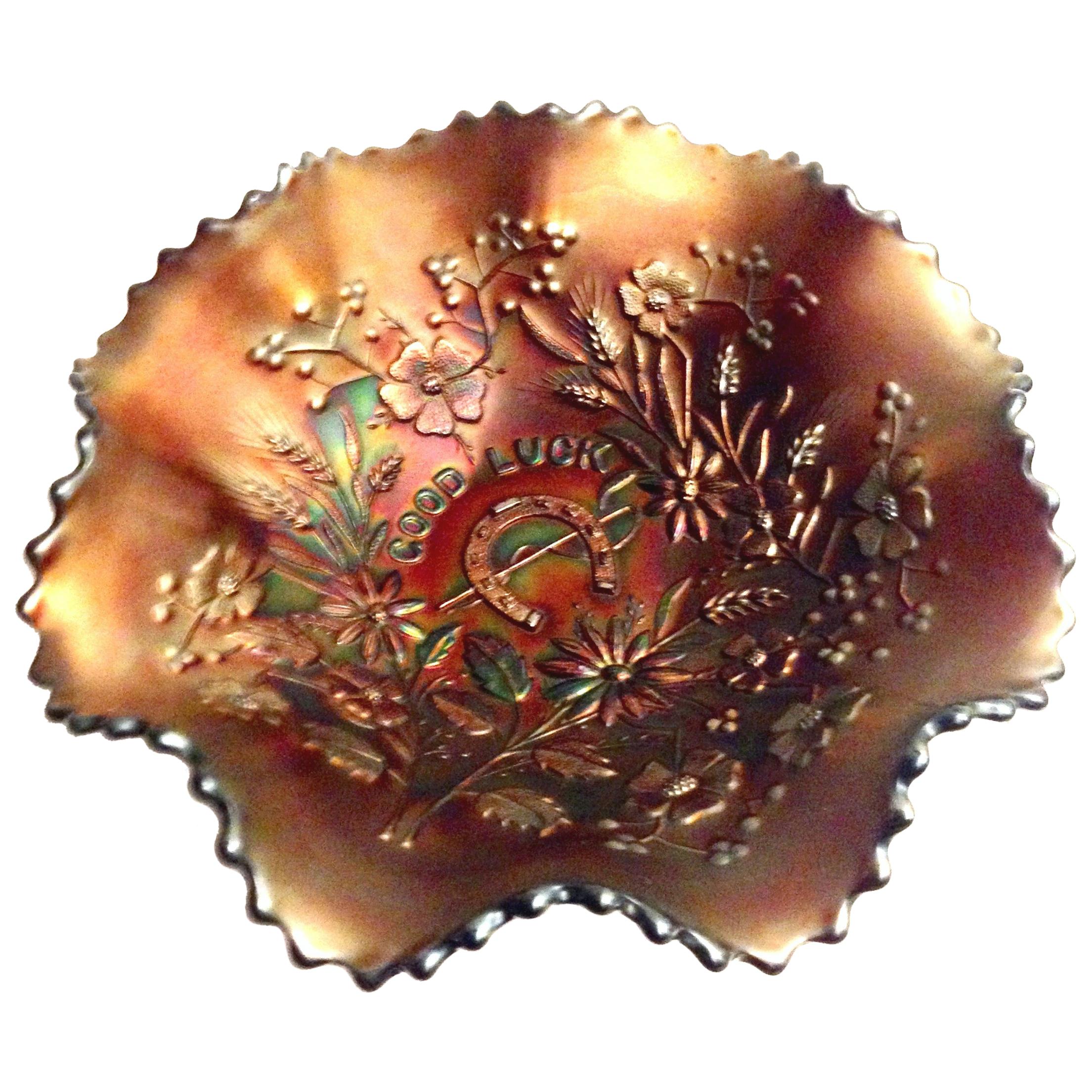 1930s American Blown Art Glass "Good Luck" Ruffle Bowl by Northwood For Sale