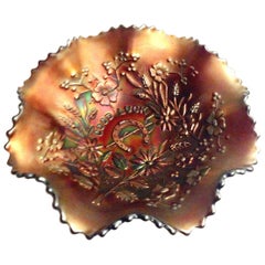 Retro 1930s American Blown Art Glass "Good Luck" Ruffle Bowl by Northwood