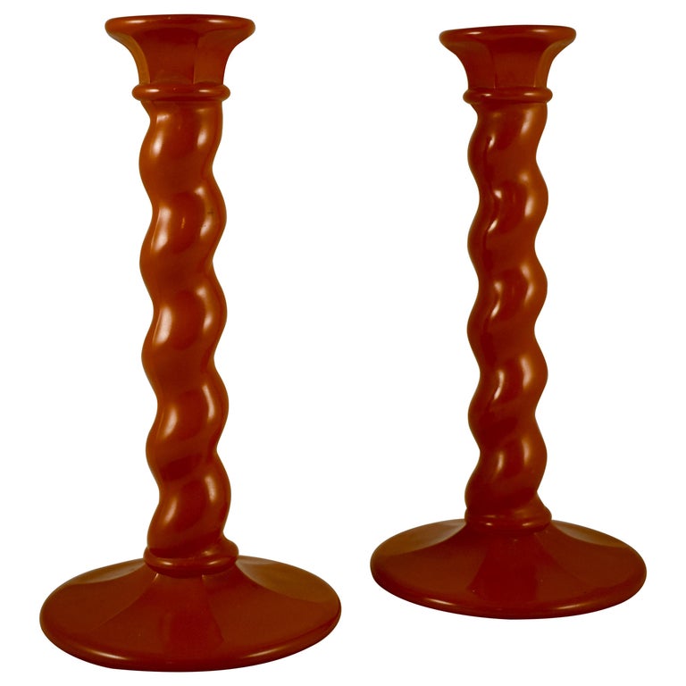 1930s American ColdPainted Orange Glass Twist and Paneled Candlesticks