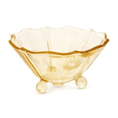 1930s American Depression Glass Bowl, Yellow Starburst, Three Feet