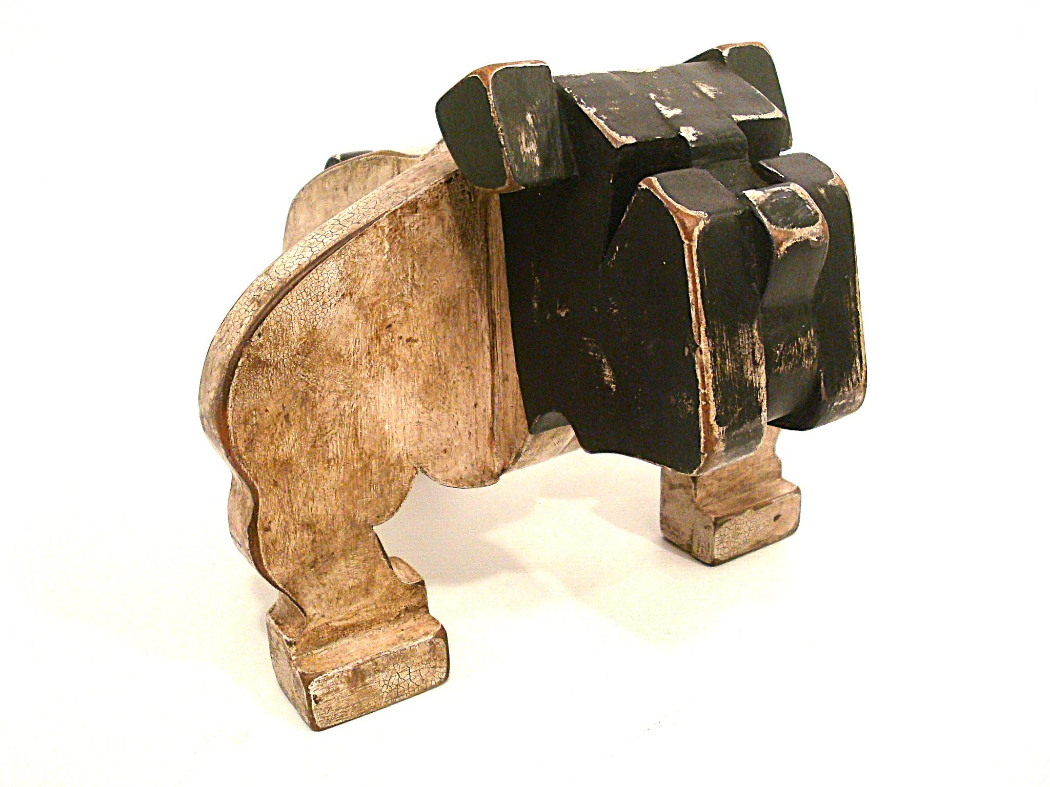 Hand-Painted 1930's American Folk Art Wooden Bulldog Sculpture For Sale
