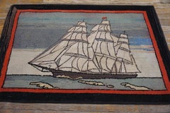 1930s Scenic Naval Ship Antique American Hooked Rug 2'7" x 4'2" Folk Art Carpet