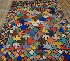Remarkable Geometric Leaf Pattern Happy Colorful Antique American Hooked Rug