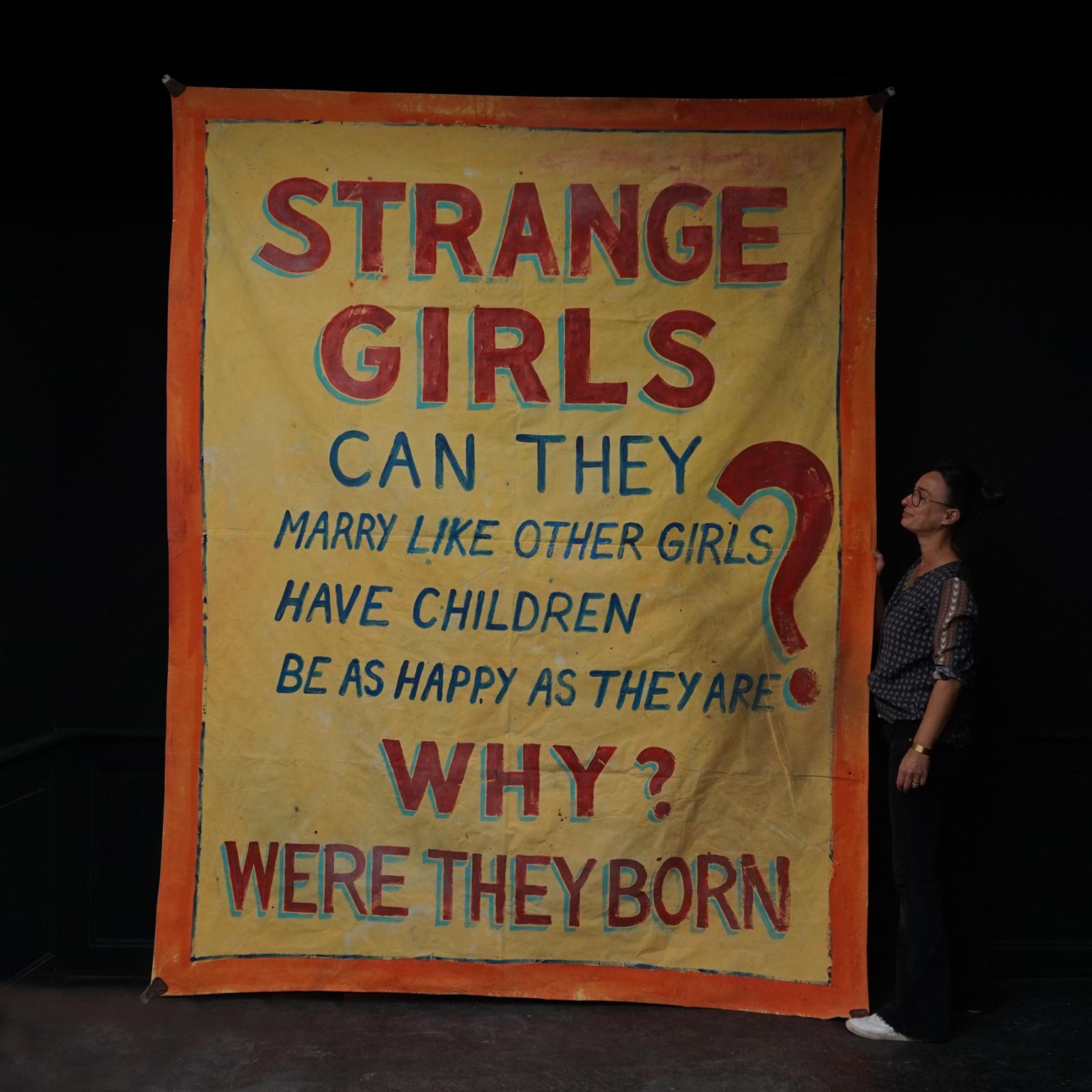 Antique American hand painted circus carnival canvas or banner to announce a sideshow with 