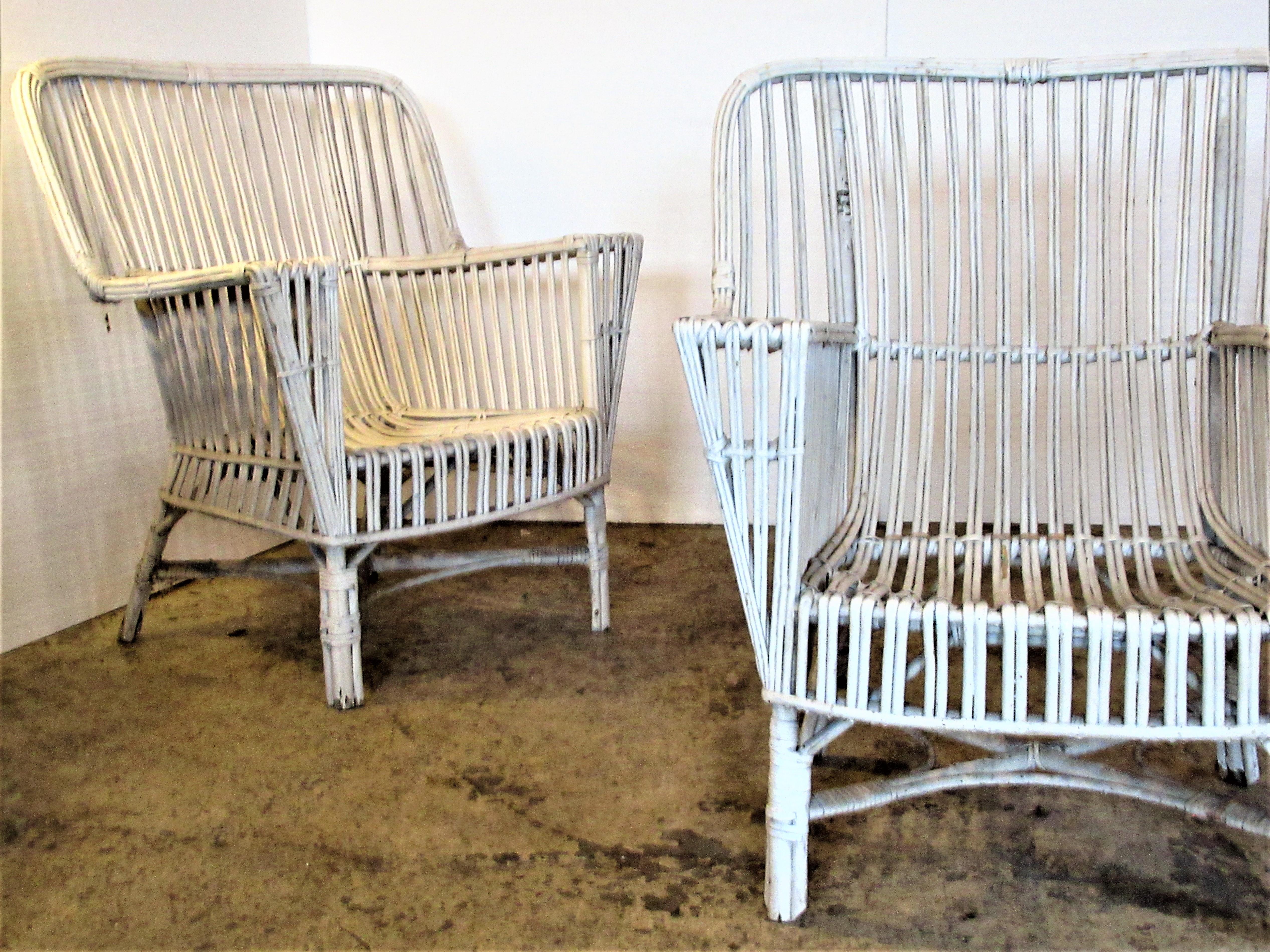 Three Classic American 1930s stick wicker armchairs in old worn white painted surface. Look at all pictures and read condition report in comment section.