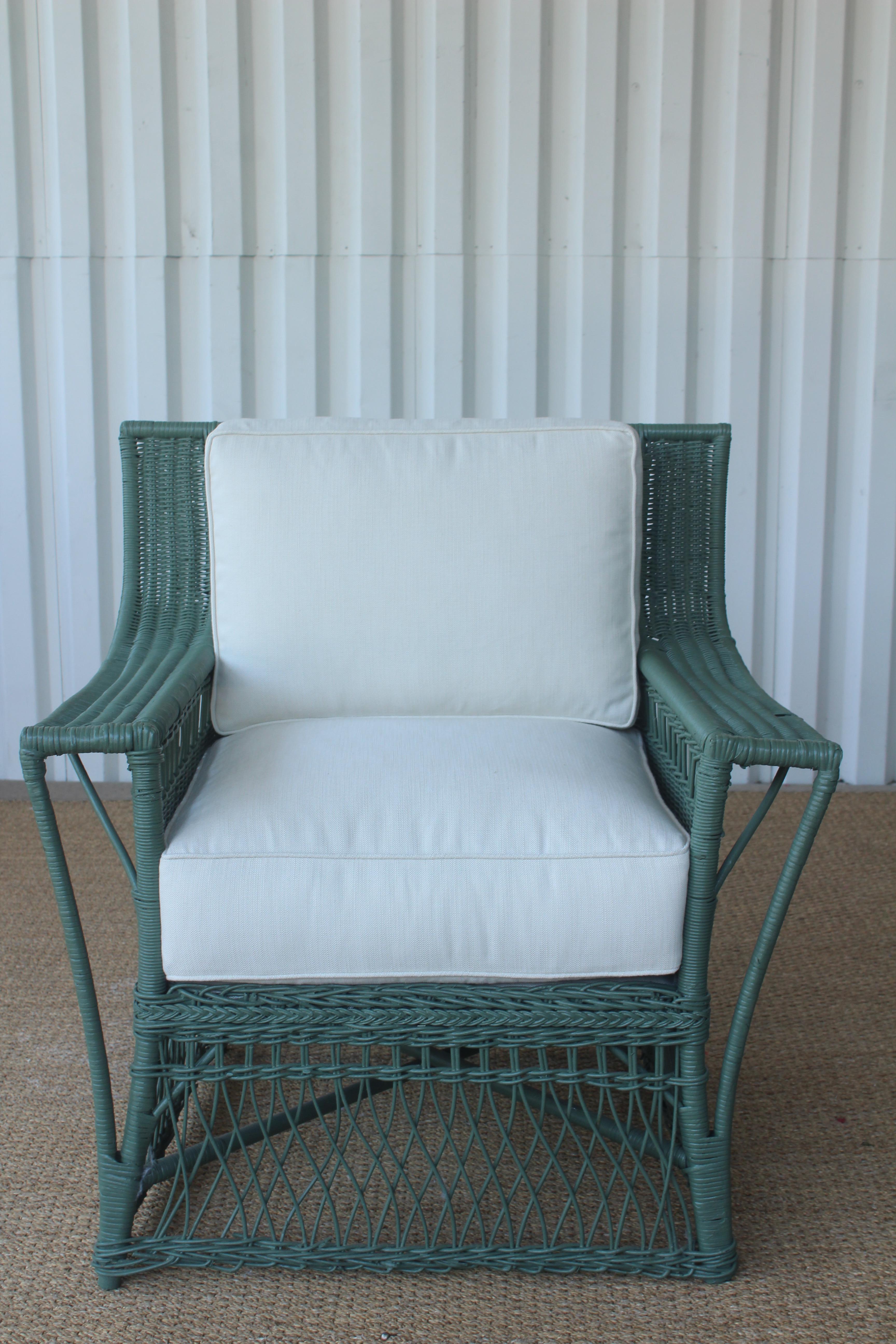 Vintage 1930s American wicker lounge. New painted finish. New cushions upholstered in Belgian linen.