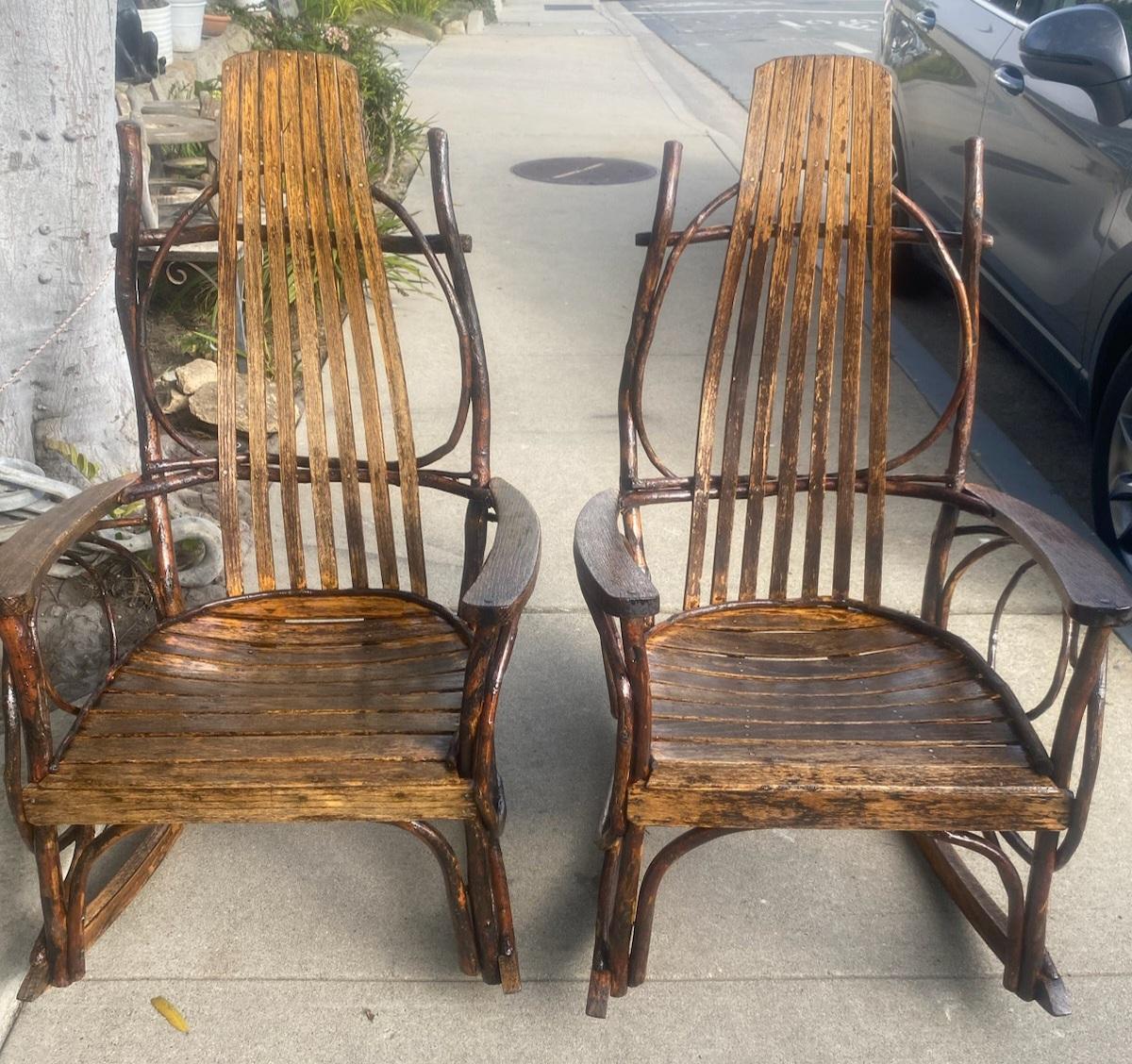 Pair of 1930s Old Hickory and Bent Wood Amish Rockers. Wonderful patina strong and sturdy rockers. A coat of varnish has been placed over the finish to protect from all weather.. Wonderful Amish made rockers 