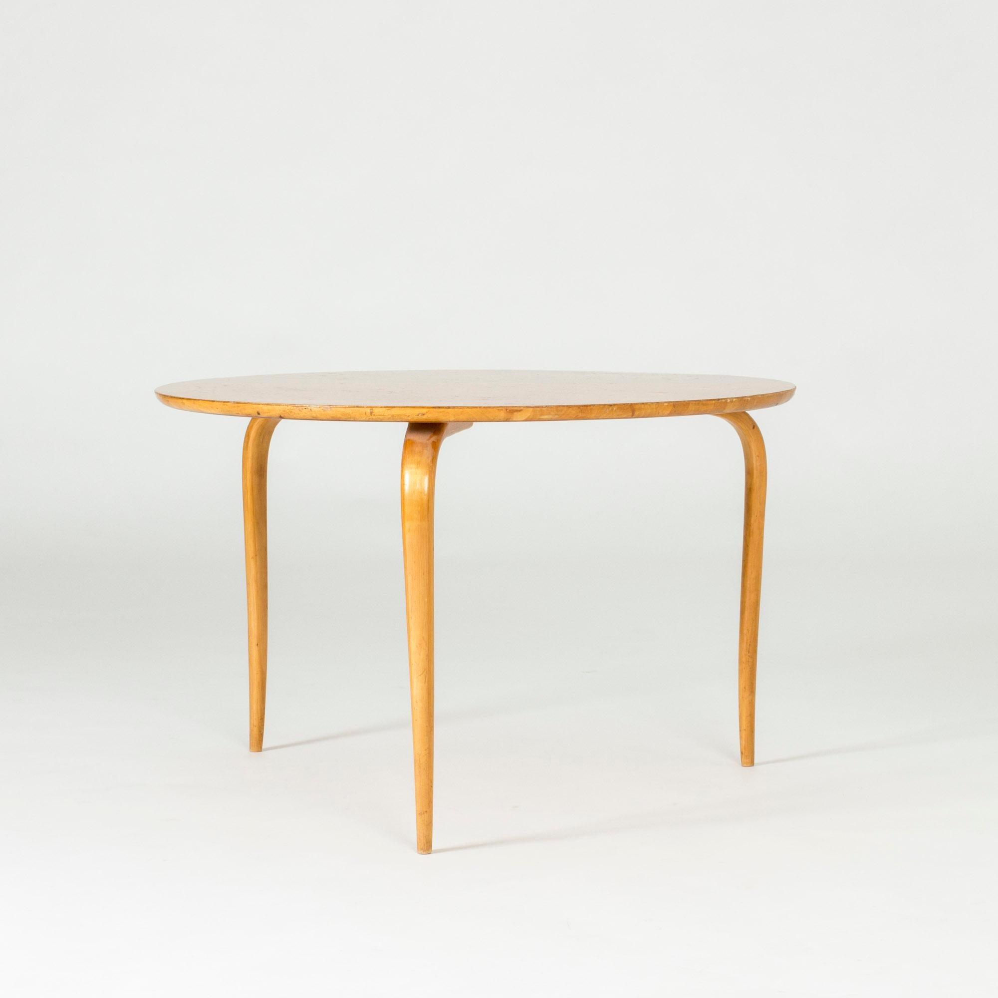 “Annika” coffee table by Bruno Mathsson, made from birch with a round root table top. Beautiful curved legs. This is an early edition made in the 1930s, gracefully aged.