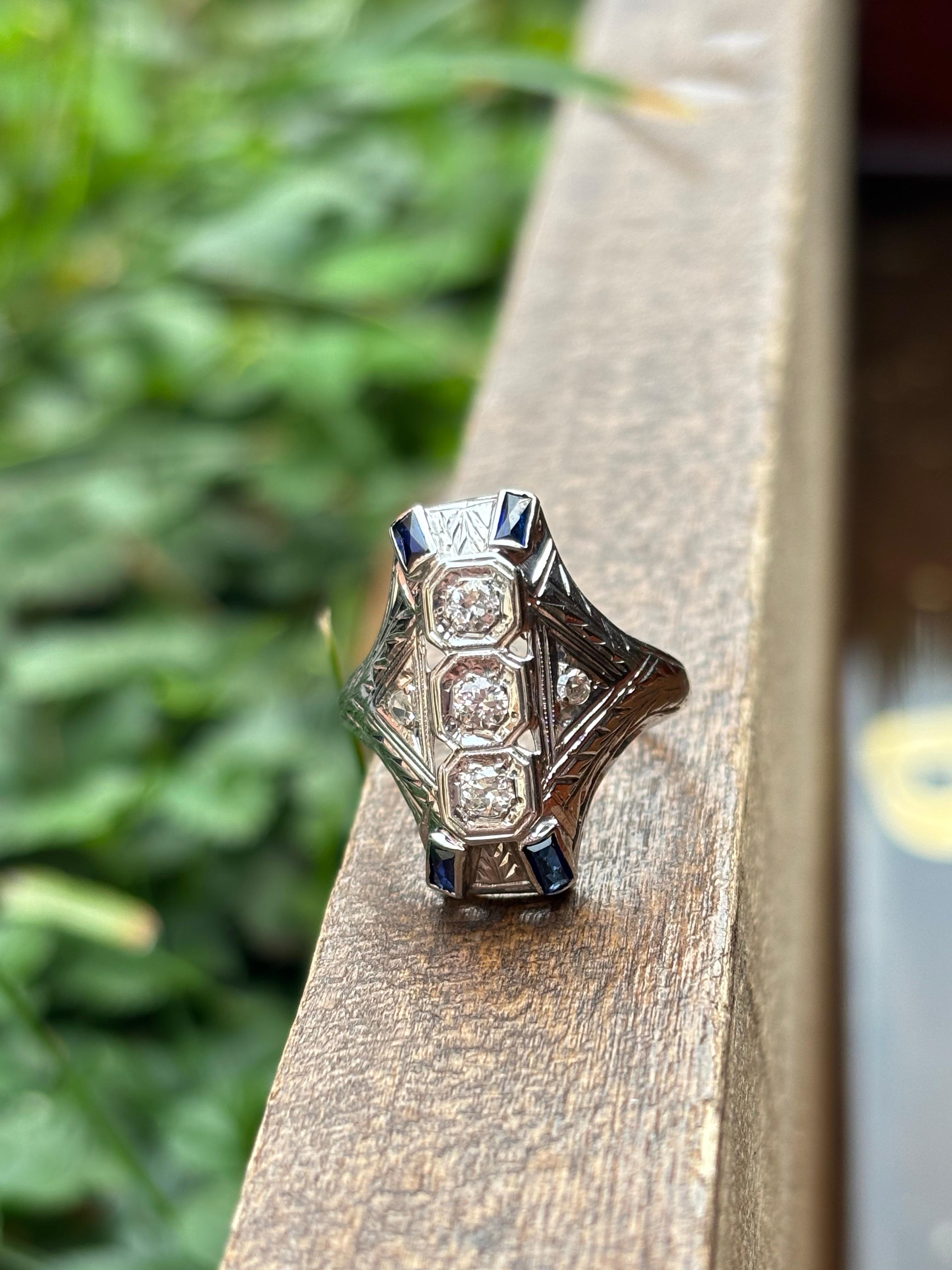 Women's or Men's 1930’s Antique 0.20ctw Diamond & 0.20ctw Sapphire 18K White Gold Ring For Sale