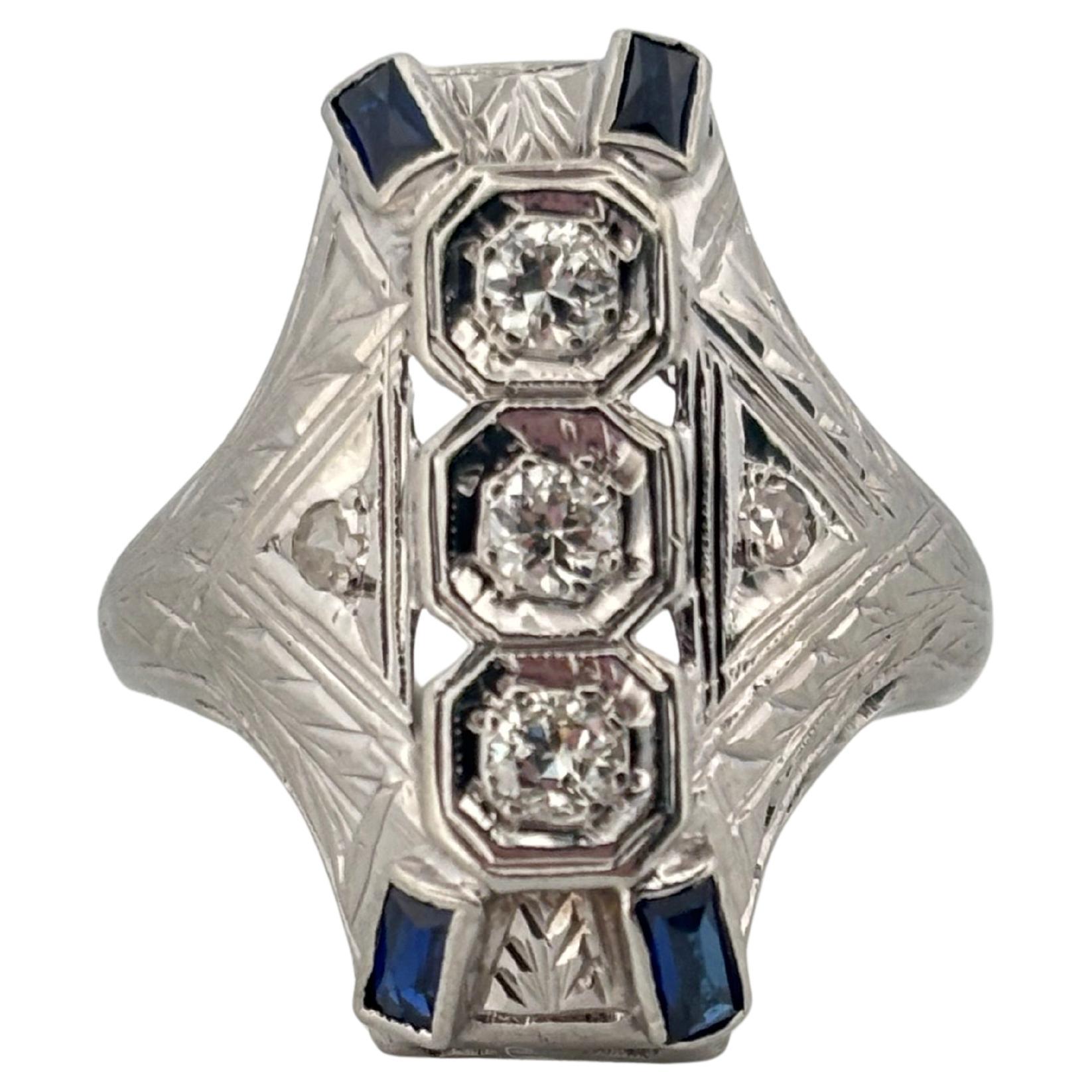 1930’s Antique 0.20ctw Diamond & 0.20ctw Sapphire 18K White Gold Ring For Sale