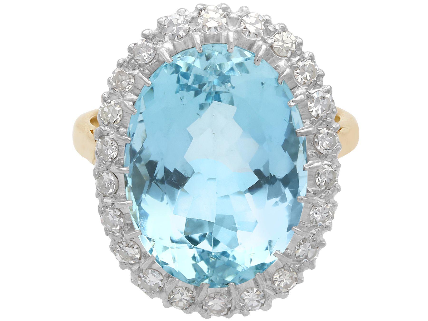 Oval Cut 1930s, Antique 10.79 Carat Aquamarine and Diamond Yellow Gold Cocktail Ring