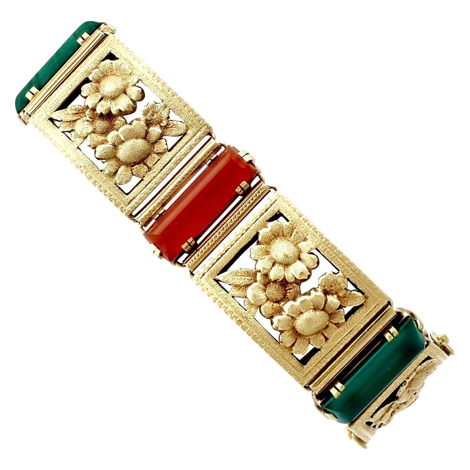 Bracelet ancien en or jaune avec agate de 12,80 carats et malachite de 4,23 carats, années 1930