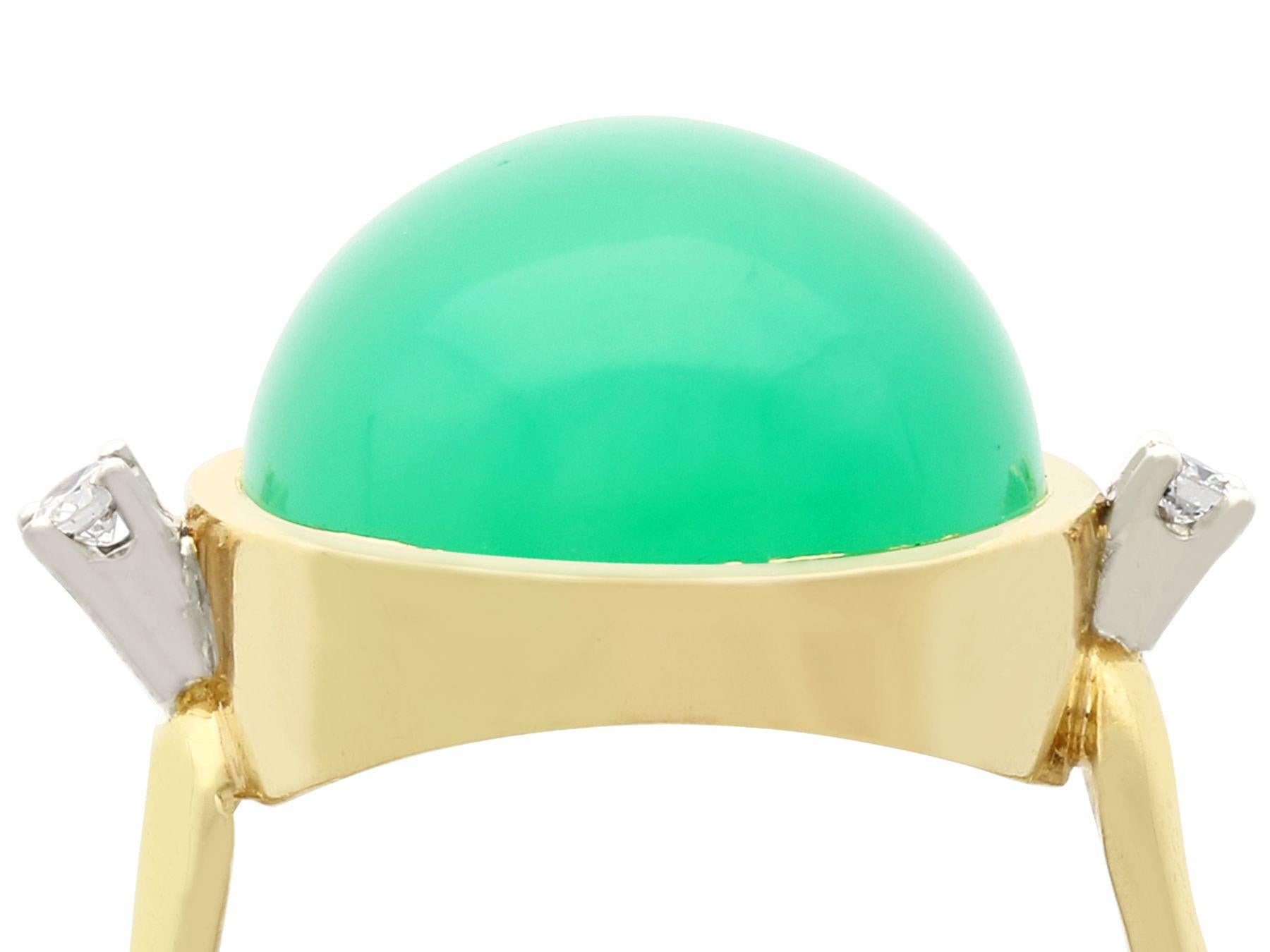 A stunning antique 14.98 Ct chrysoprase and 0.08Ct diamond, 14k yellow gold and 14k white gold set cocktail ring; part of our diverse antique ring collections.

This stunning, fine and impressive chrysoprase ring has been crafted in 14k yellow gold