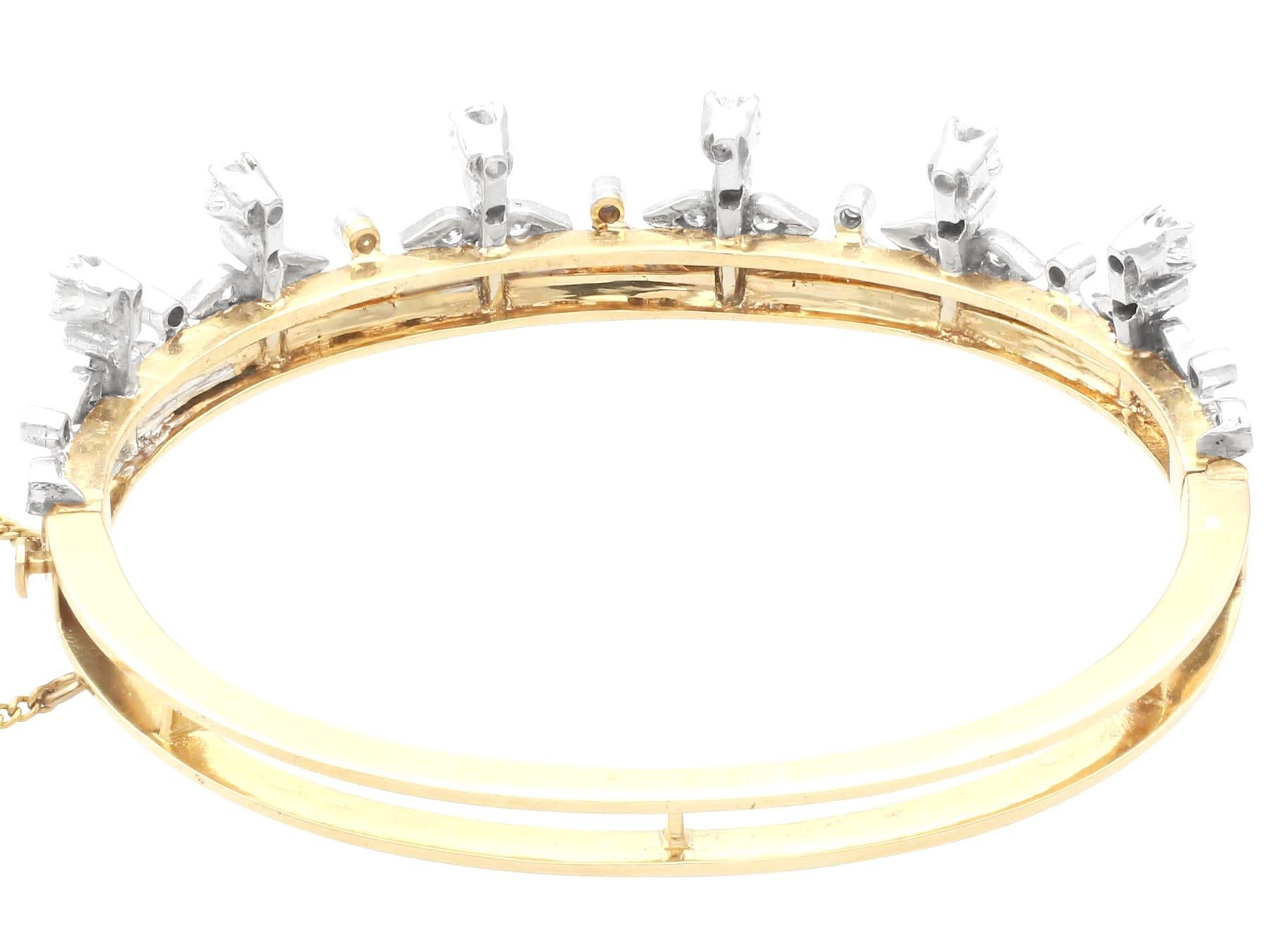 Round Cut 1930s Antique 1.62 Carat Diamond and Enamel Yellow Gold Crown Bangle For Sale