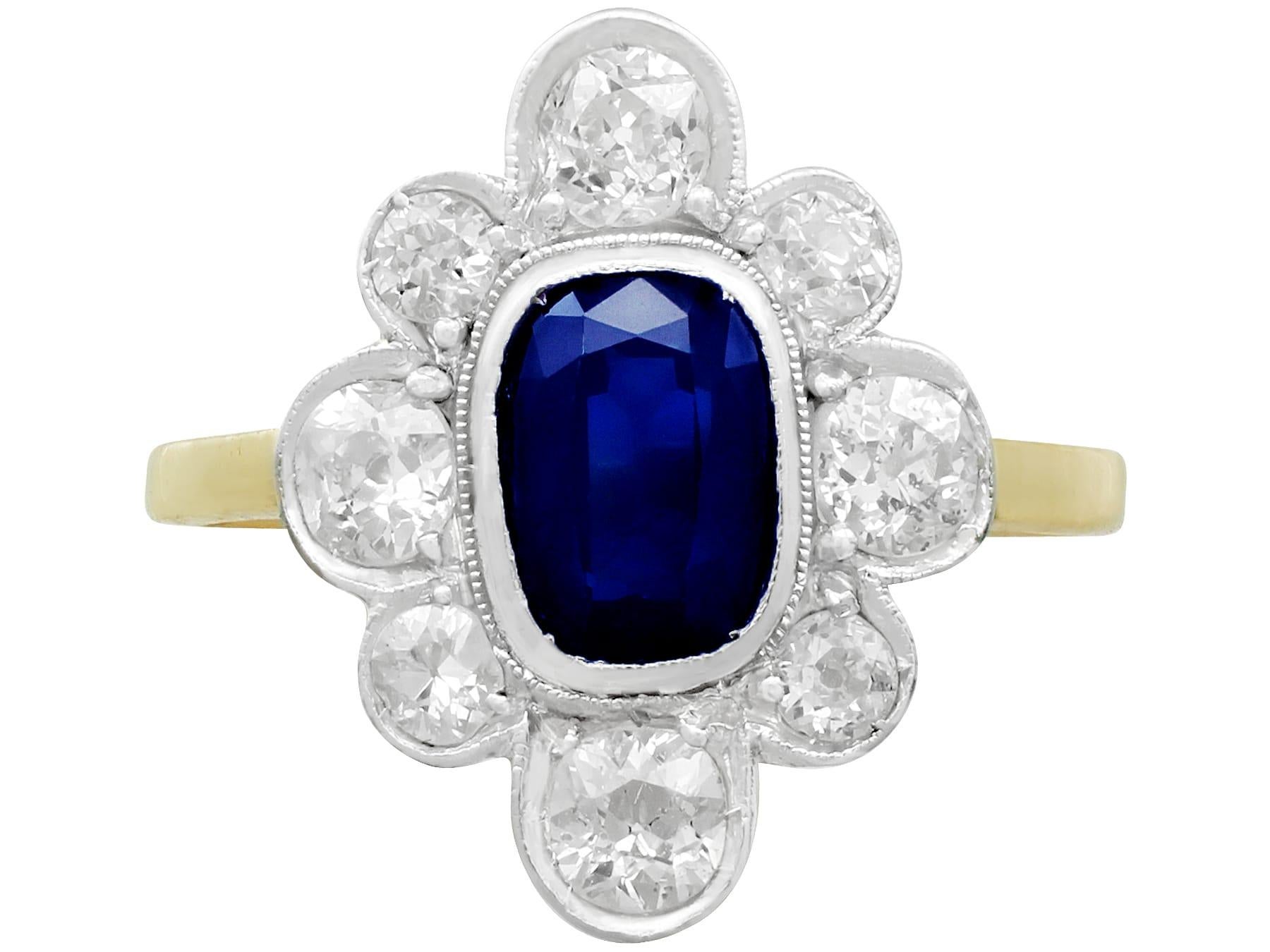 Cushion Cut 1930s Antique 1.70 Carat Sapphire and 2.10 Carat Diamond Gold Cluster Ring For Sale