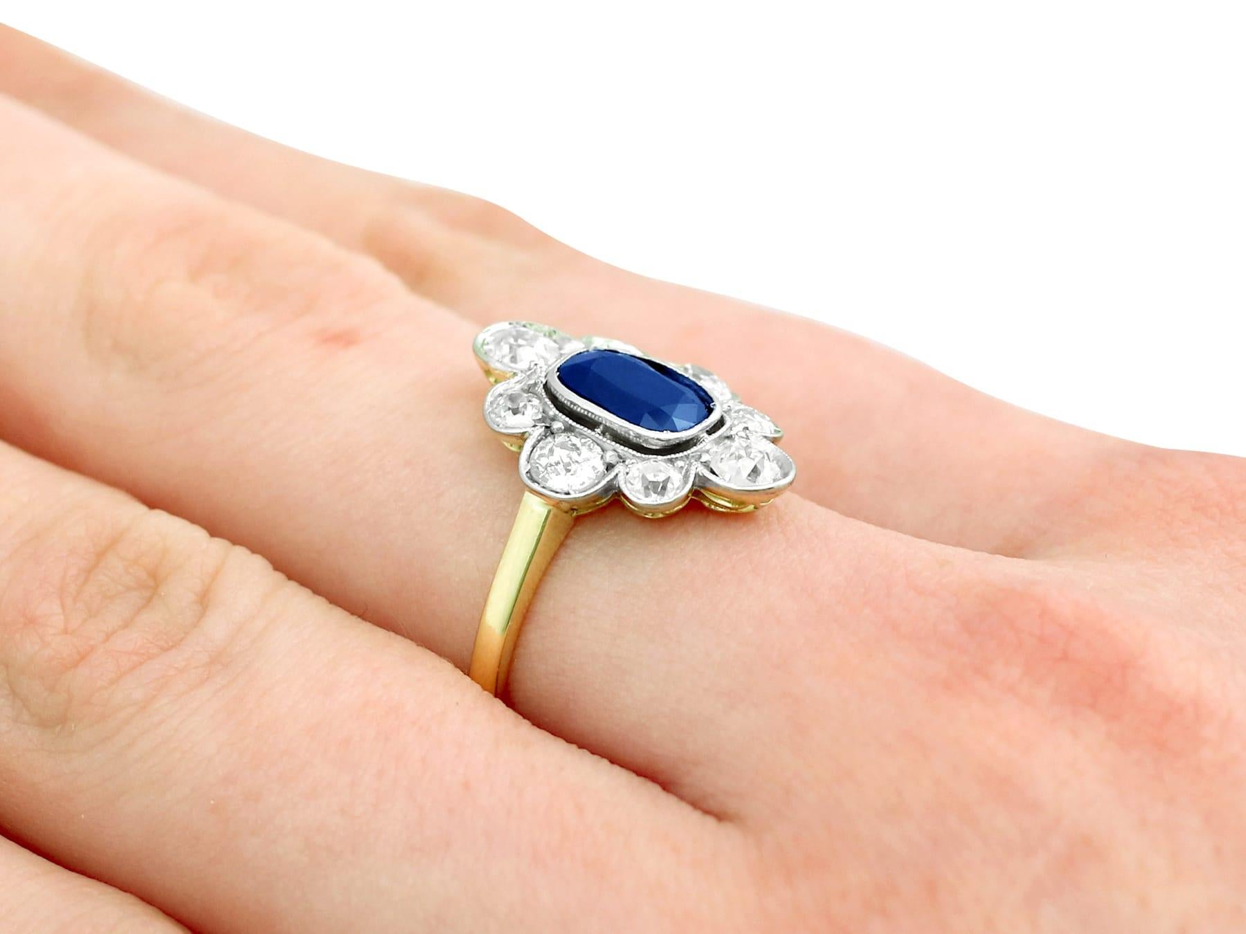 1930s Antique 1.70 Carat Sapphire and 2.10 Carat Diamond Gold Cluster Ring For Sale 3