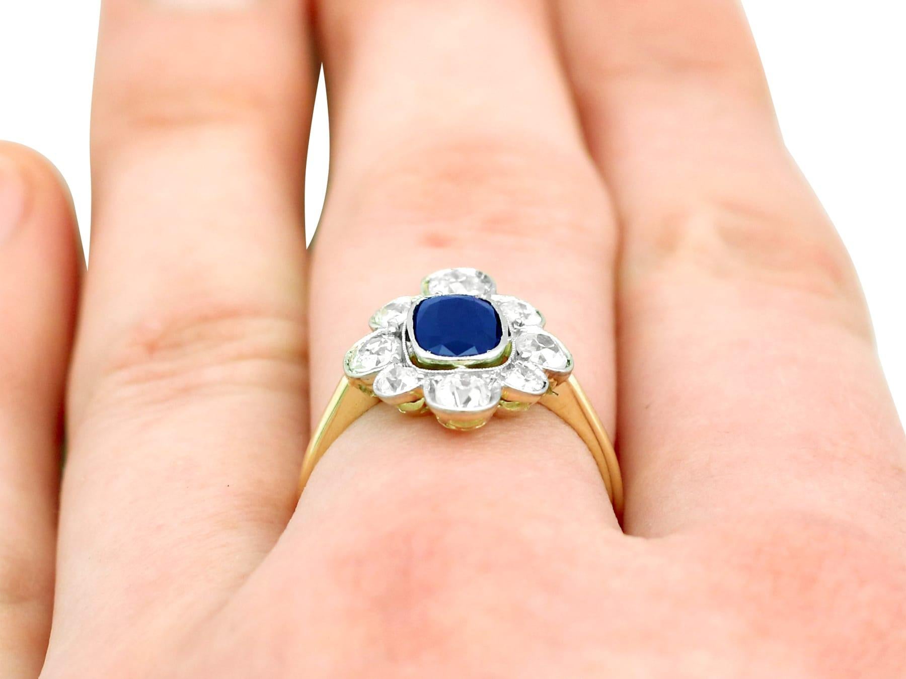 1930s Antique 1.70 Carat Sapphire and 2.10 Carat Diamond Gold Cluster Ring For Sale 4