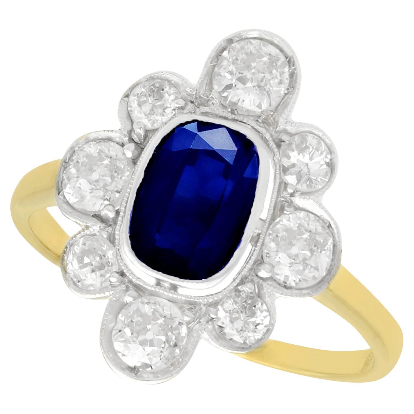 1930s Antique 1.70 Carat Sapphire and 2.10 Carat Diamond Gold Cluster Ring For Sale