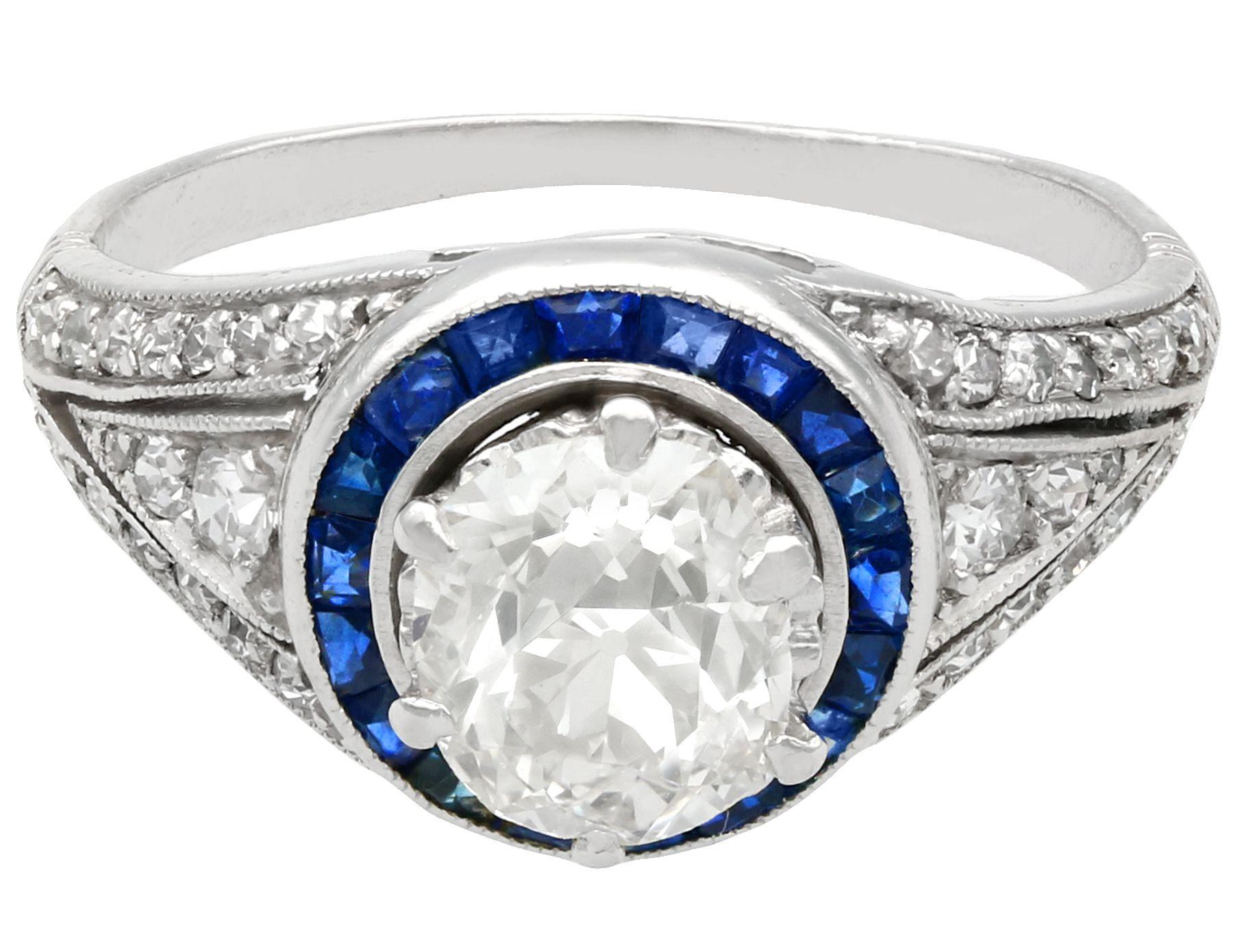 1930s Antique 2.59 Carat Diamond and Sapphire Platinum Cocktail Ring In Excellent Condition For Sale In Jesmond, Newcastle Upon Tyne