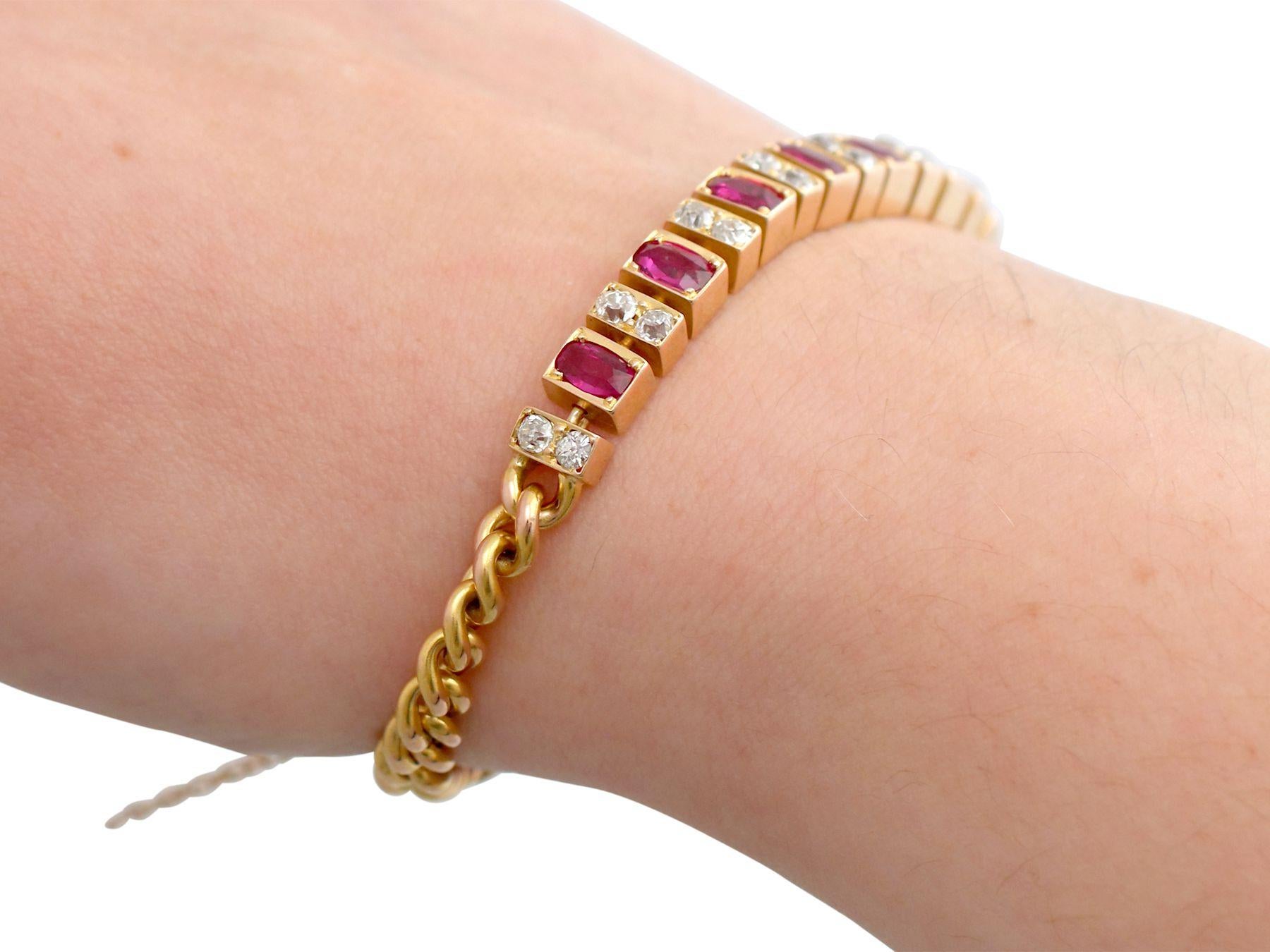 1930s Antique 3.30 Carat Ruby and 1.00 Carat Diamond Yellow Gold Line Bracelet For Sale 5