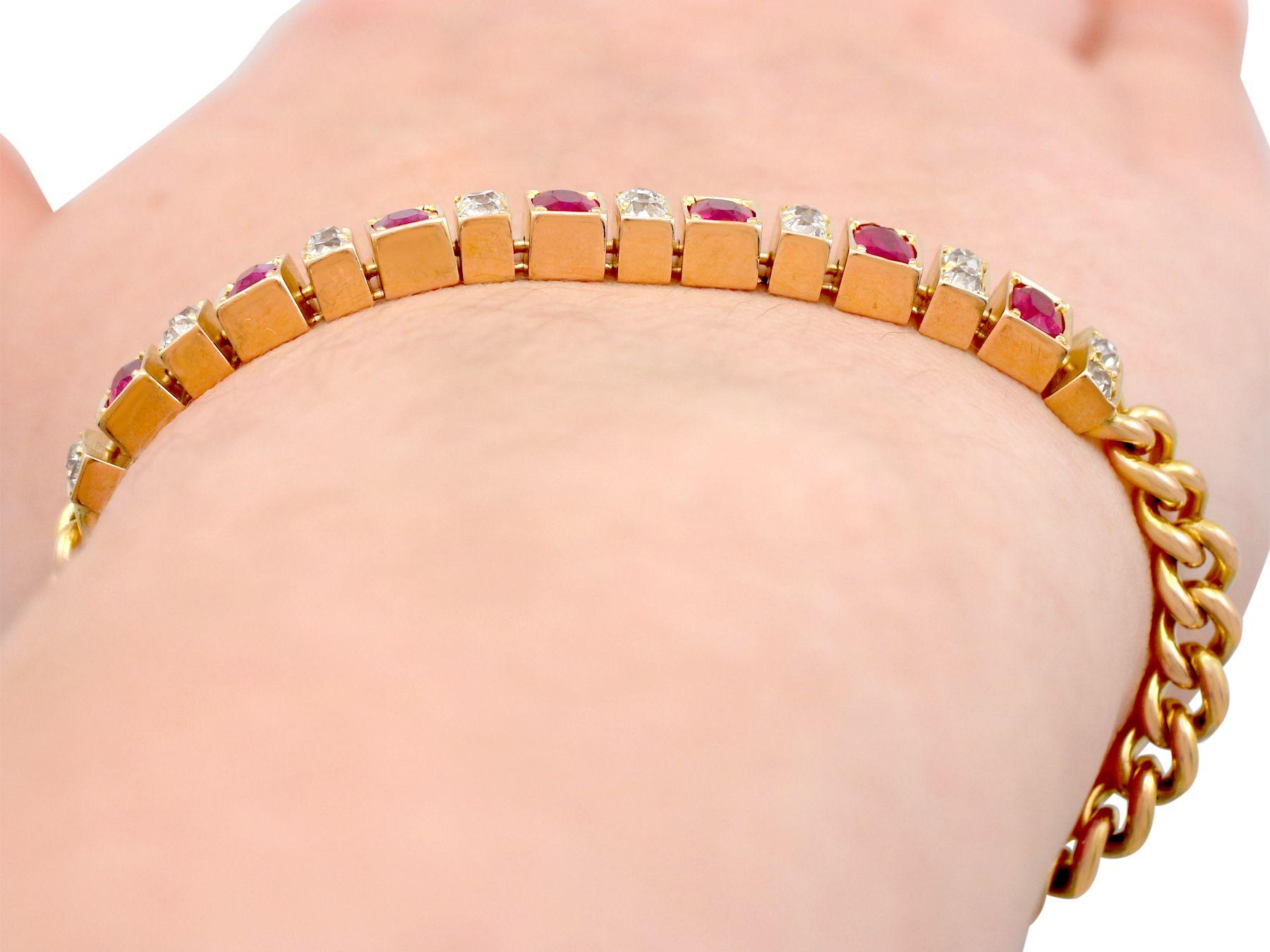 1930s Antique 3.30 Carat Ruby and 1.00 Carat Diamond Yellow Gold Line Bracelet For Sale 6