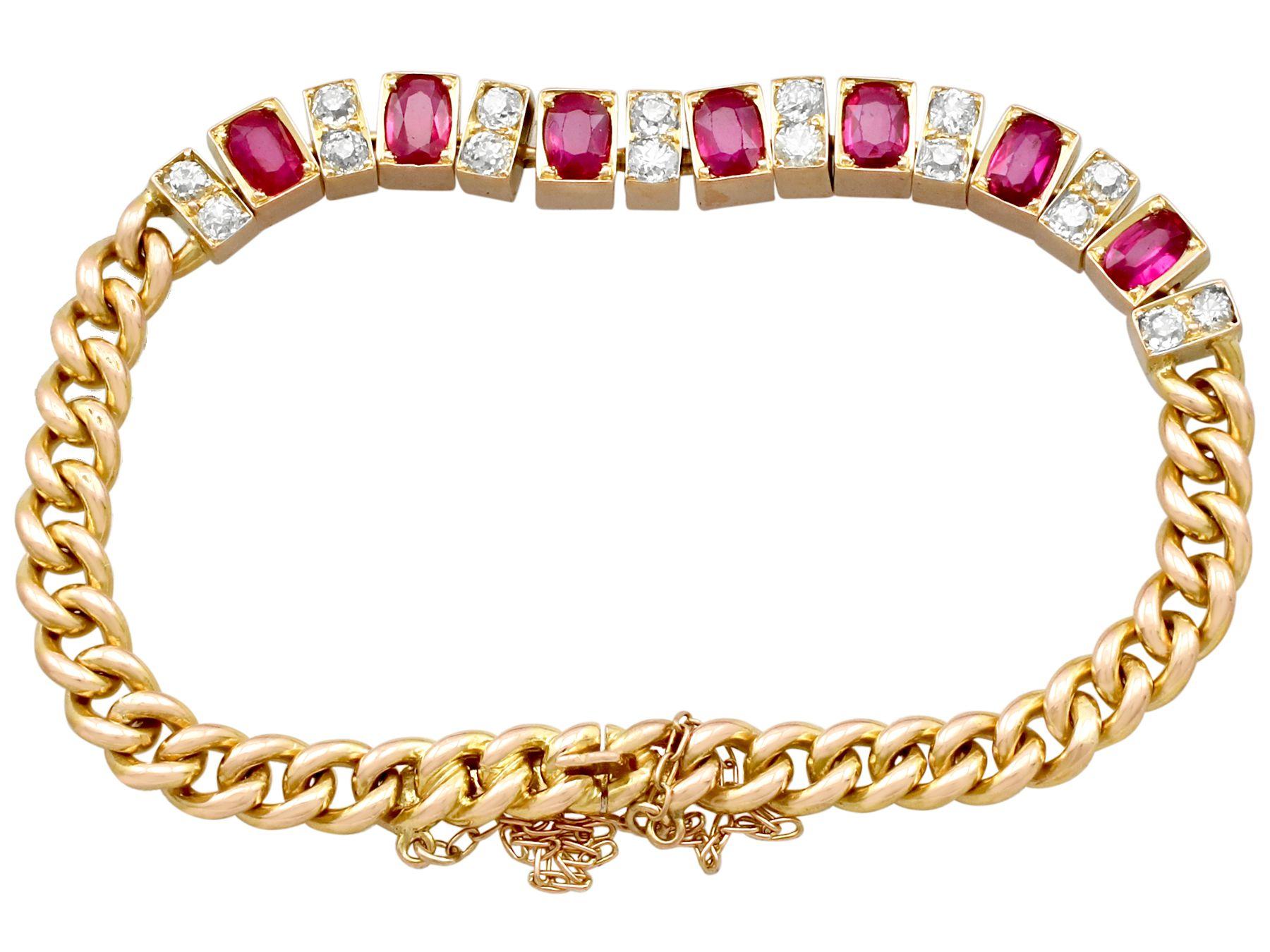 Cushion Cut 1930s Antique 3.30 Carat Ruby and 1.00 Carat Diamond Yellow Gold Line Bracelet For Sale