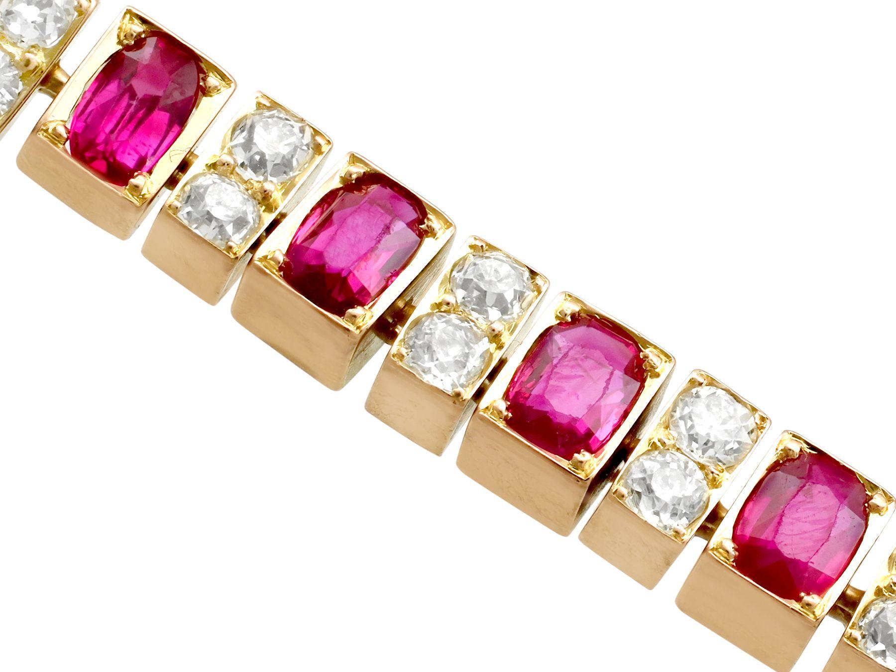 1930s Antique 3.30 Carat Ruby and 1.00 Carat Diamond Yellow Gold Line Bracelet In Excellent Condition For Sale In Jesmond, Newcastle Upon Tyne