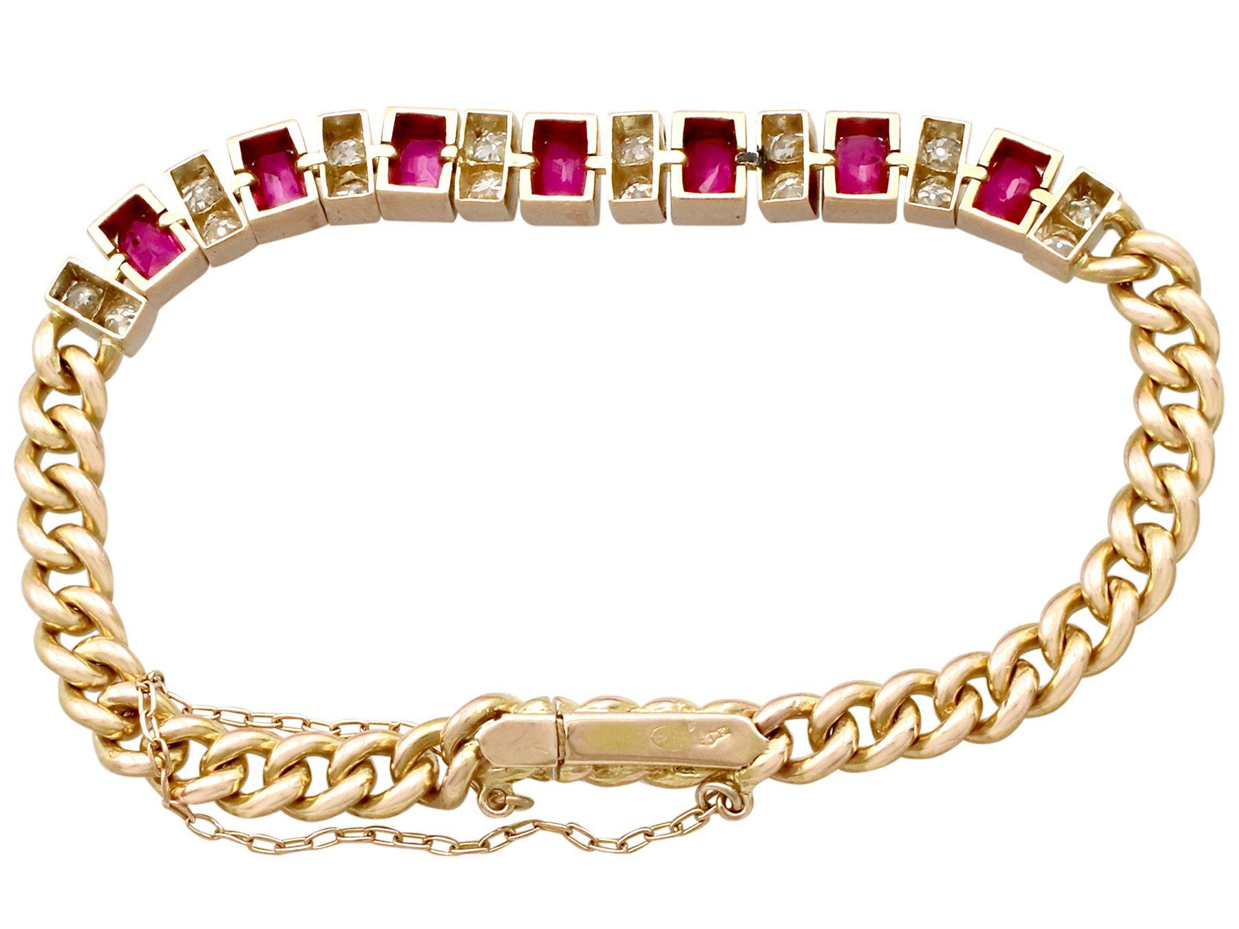 1930s Antique 3.30 Carat Ruby and 1.00 Carat Diamond Yellow Gold Line Bracelet For Sale 2