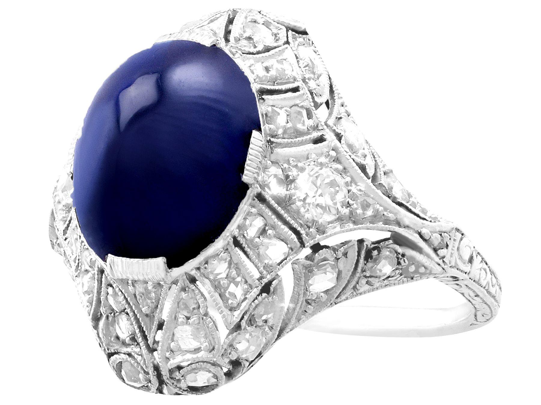 1930s Art Deco 5.21ct Cabochon Cut Sapphire and Diamond Platinum Engagement Ring In Excellent Condition For Sale In Jesmond, Newcastle Upon Tyne