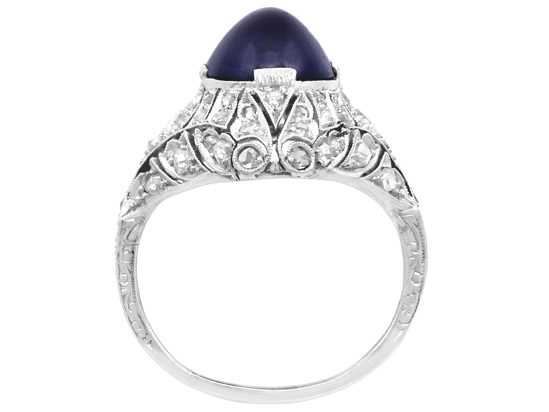 Women's or Men's 1930s Art Deco 5.21ct Cabochon Cut Sapphire and Diamond Platinum Engagement Ring For Sale