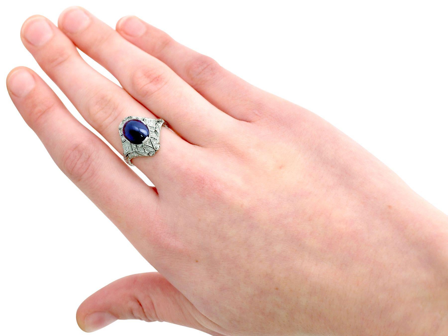 1930s Art Deco 5.21ct Cabochon Cut Sapphire and Diamond Platinum Engagement Ring For Sale 1