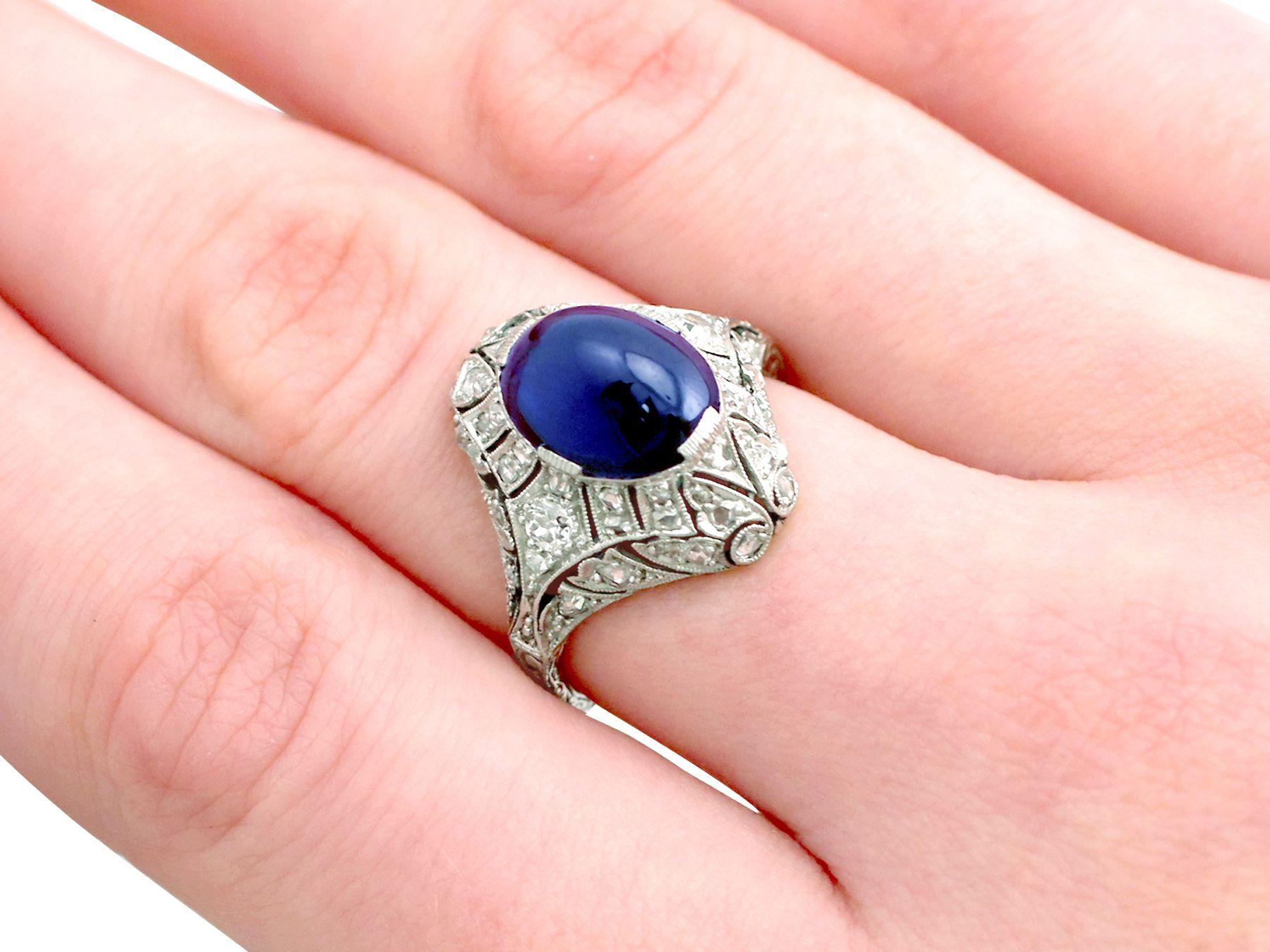 1930s Art Deco 5.21ct Cabochon Cut Sapphire and Diamond Platinum Engagement Ring For Sale 2