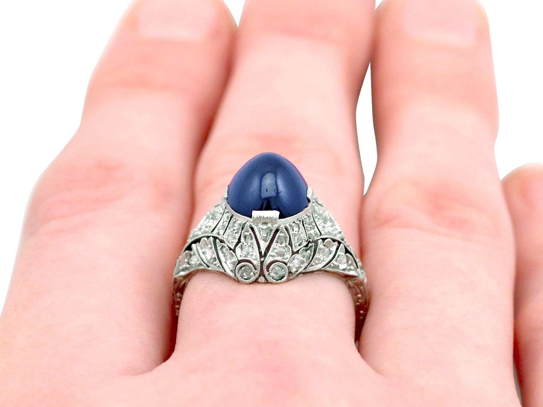 1930s Art Deco 5.21ct Cabochon Cut Sapphire and Diamond Platinum Engagement Ring For Sale 3