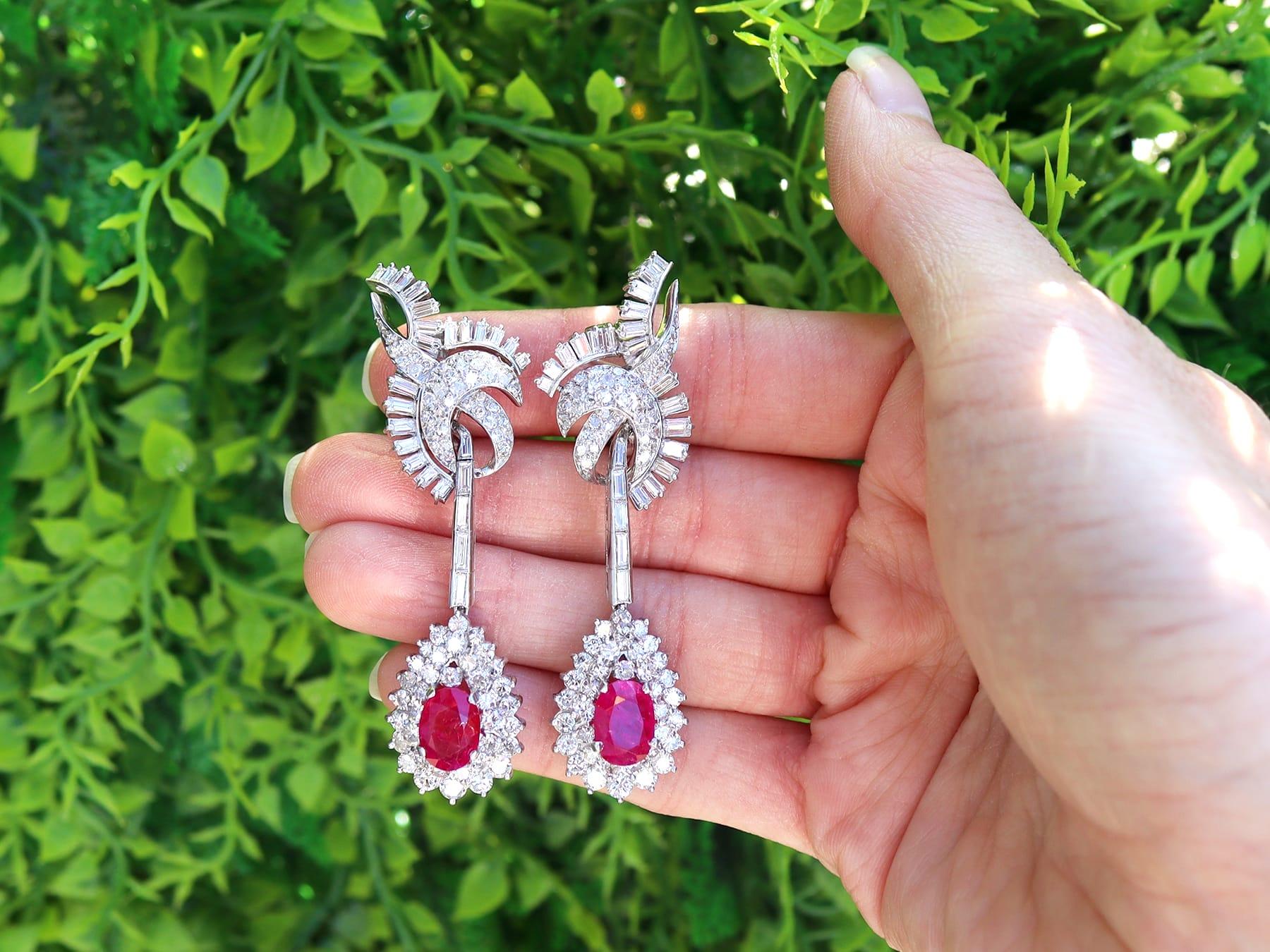 A stunning, fine and impressive pair of antique 6.42 carat ruby and 8.56 carat diamond, platinum earrings; part of our diverse ruby jewellery collection

These stunning, fine and impressive antique drop earrings have been crafted in platinum.

Each