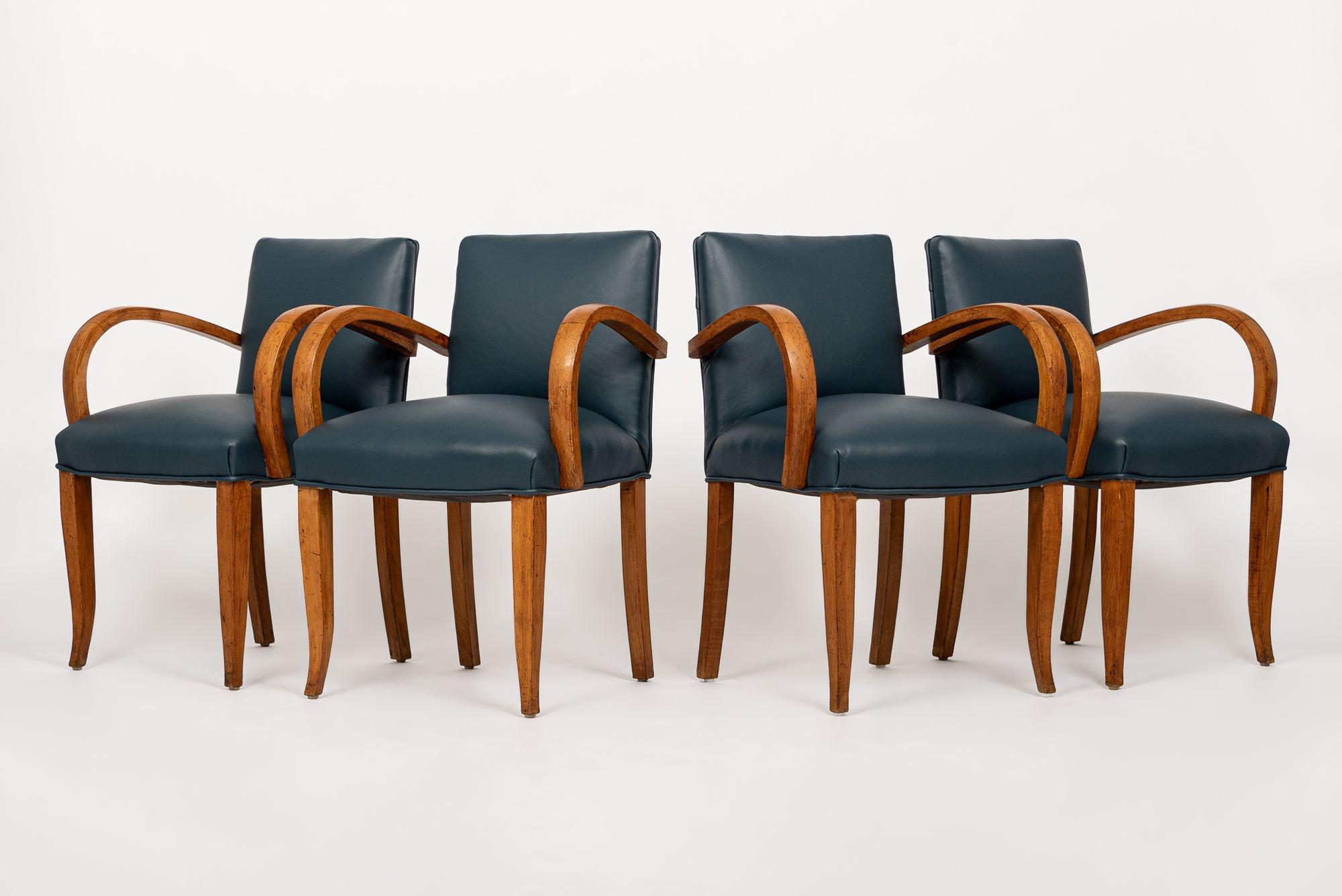 American 1930s Antique Art Deco Blue Leather & Maple Bentwood Dining Chairs For Sale