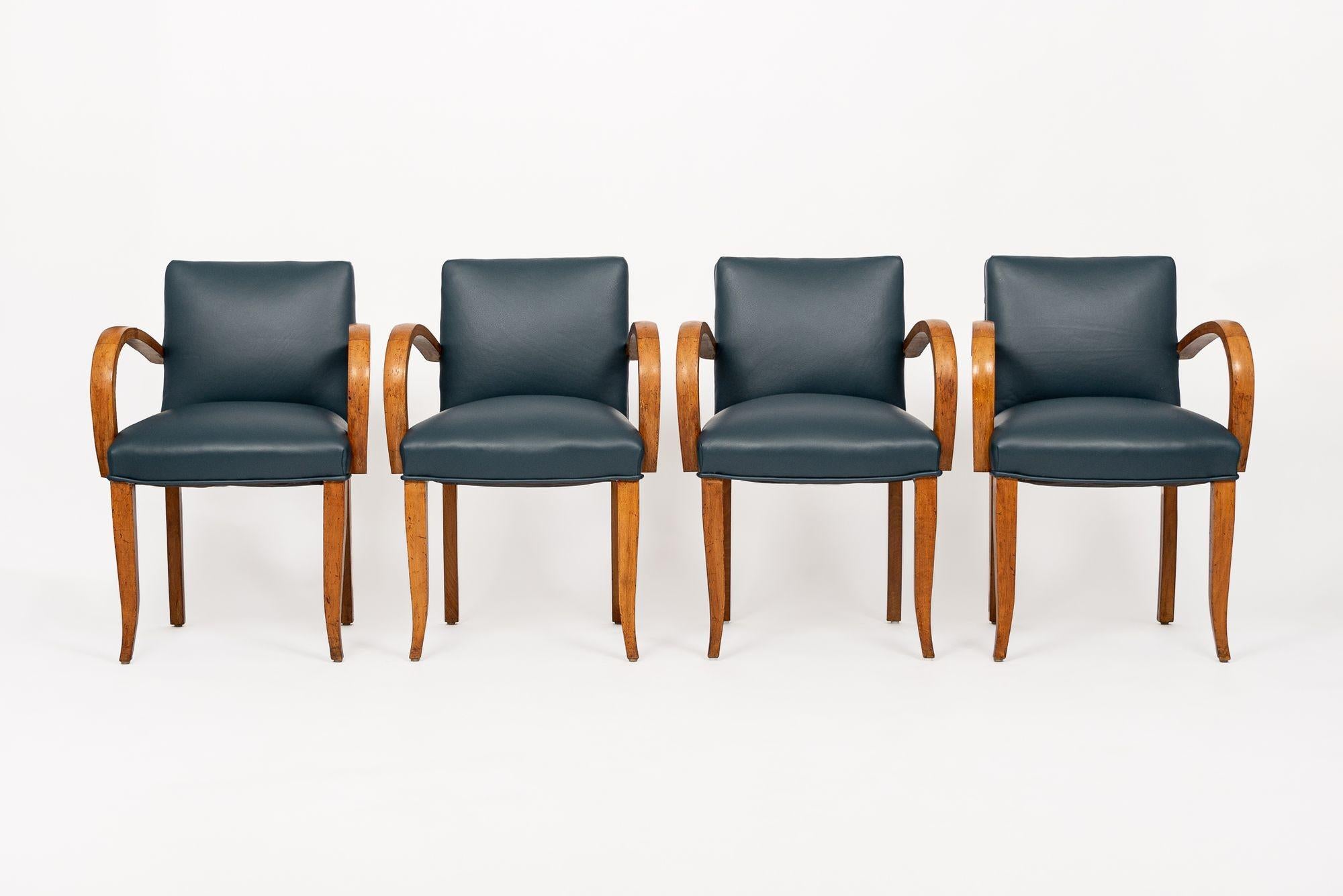 1930s Antique Art Deco Blue Leather & Maple Bentwood Dining Chairs In Good Condition For Sale In Detroit, MI