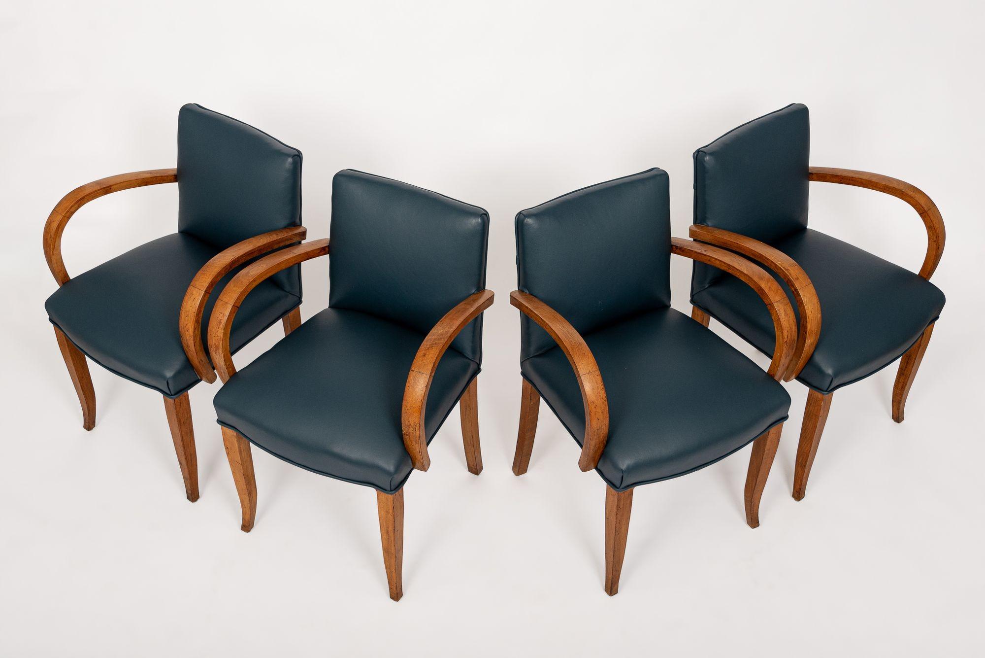 Mid-20th Century 1930s Antique Art Deco Blue Leather & Maple Bentwood Dining Chairs For Sale