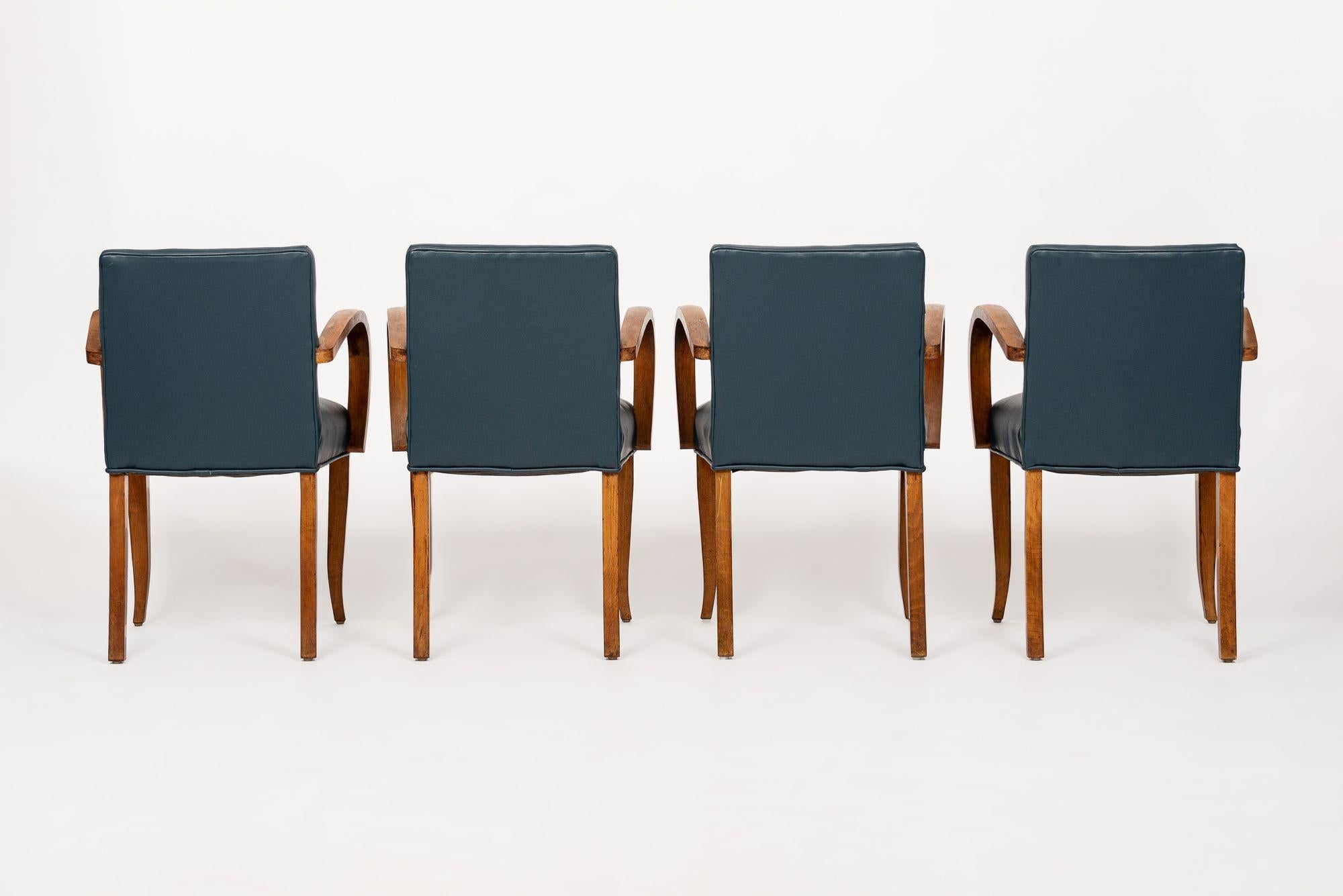 1930s Antique Art Deco Blue Leather & Maple Bentwood Dining Chairs For Sale 1