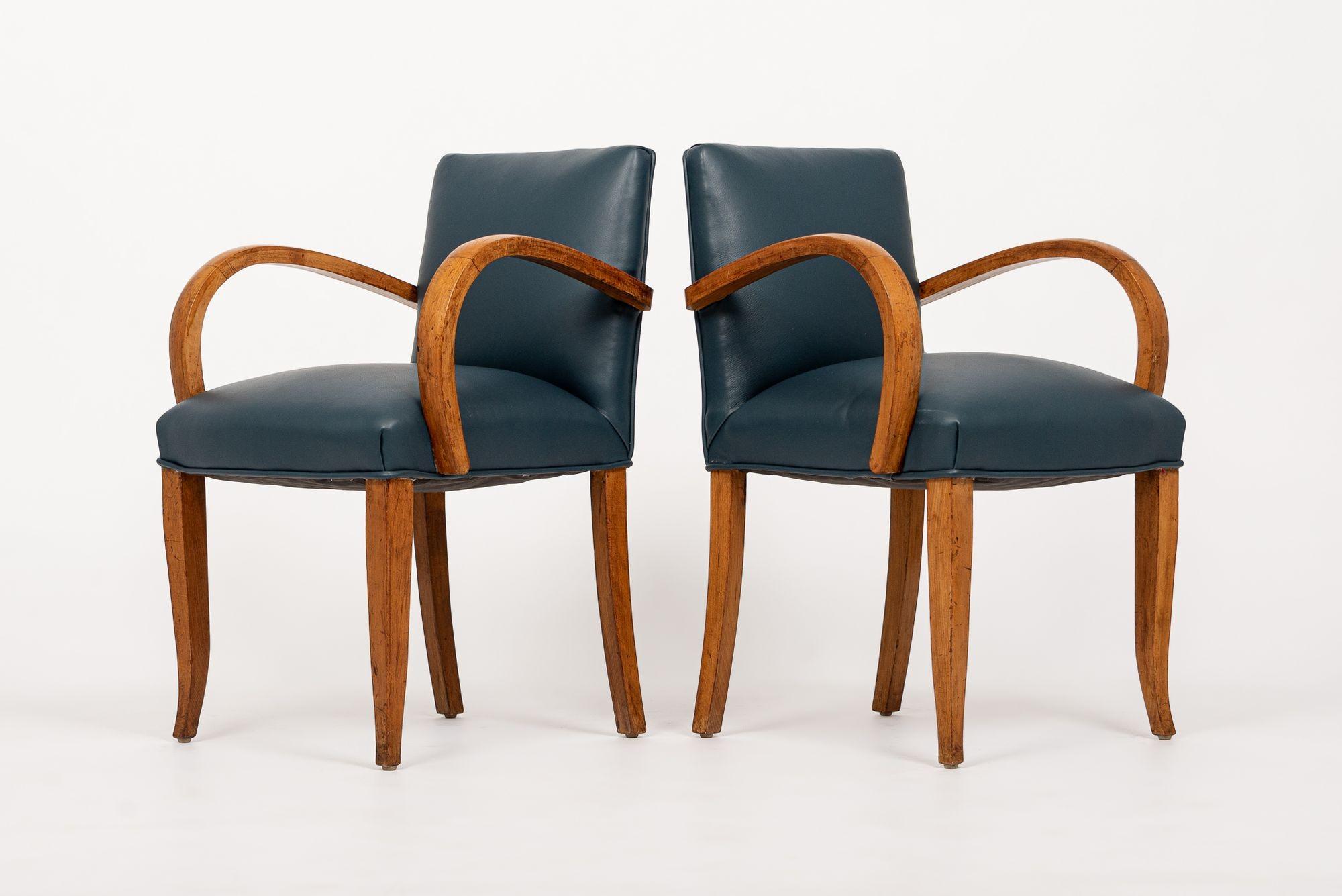 1930s Antique Art Deco Blue Leather & Maple Bentwood Dining Chairs For Sale 2