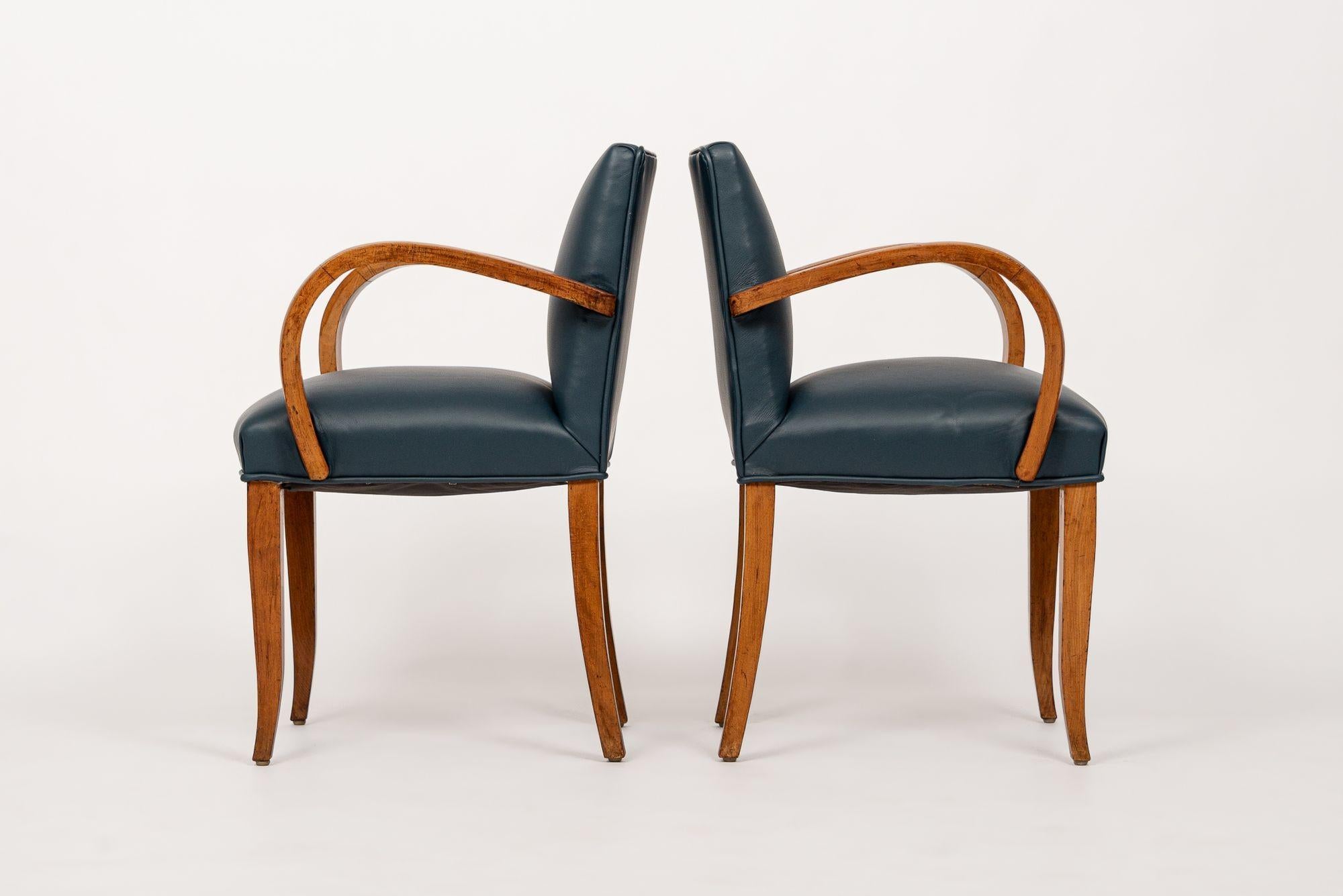 1930s Antique Art Deco Blue Leather & Maple Bentwood Dining Chairs For Sale 3