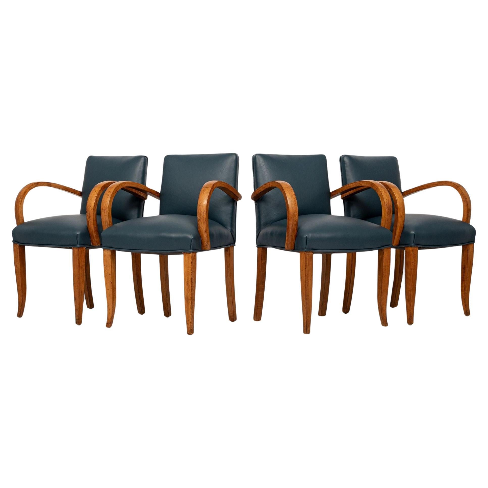 1930s Antique Art Deco Blue Leather & Maple Bentwood Dining Chairs