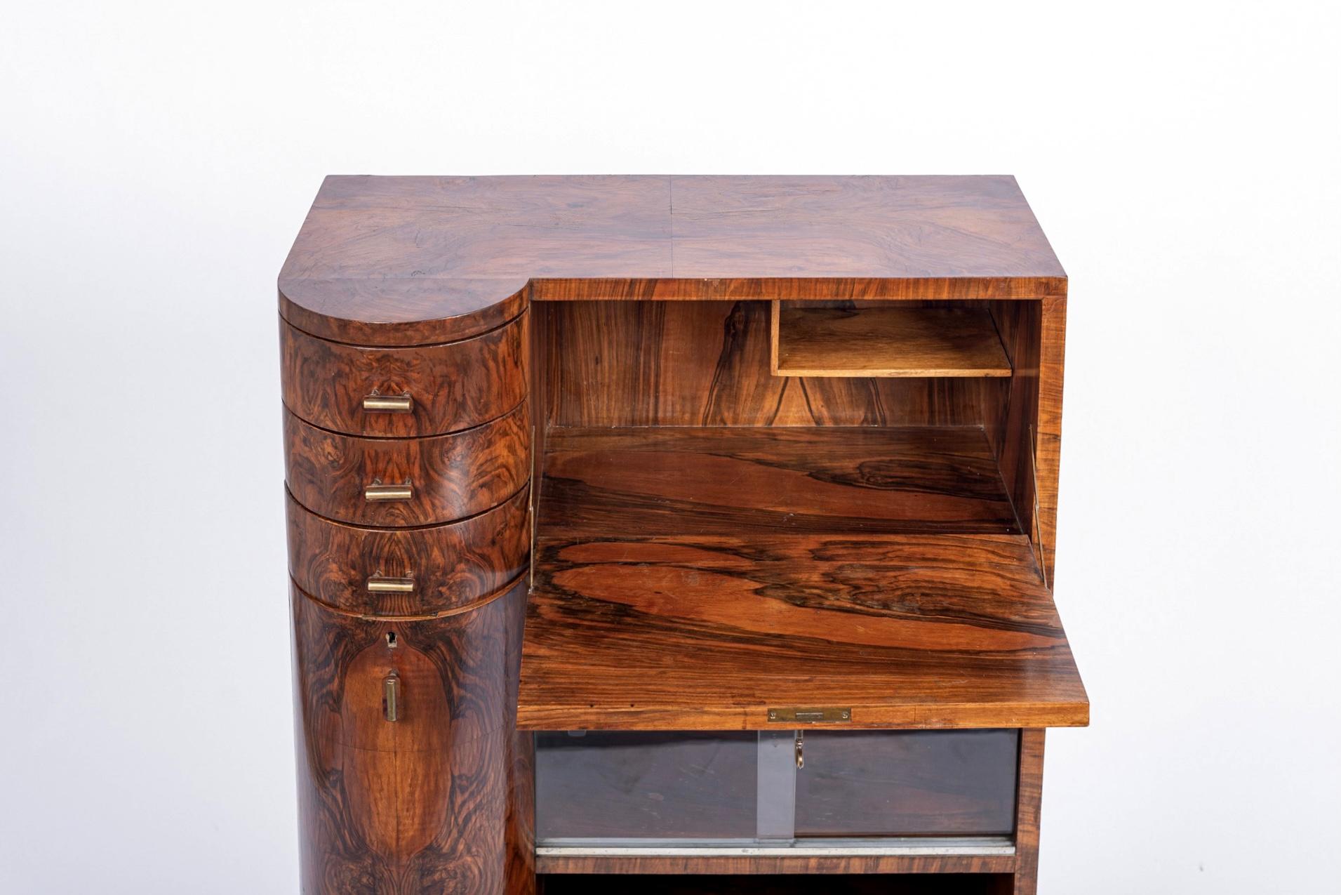 1930s Antique Art Deco Burlwood Secretary Desk Cabinet 1