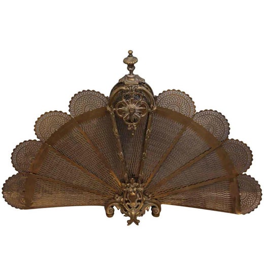 1930s Antique Brass Fan Fireplace Screen With Figural And