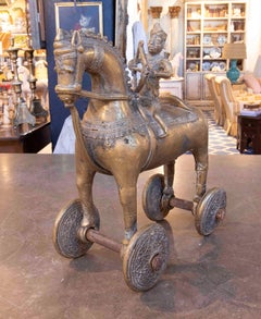 1930s Antique Bronze Sculpture of Horse and Rider on Ornate Wheels