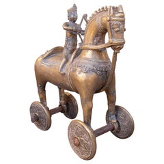 1930s Antique Bronze Sculpture of Horse and Rider on Ornate Wheels