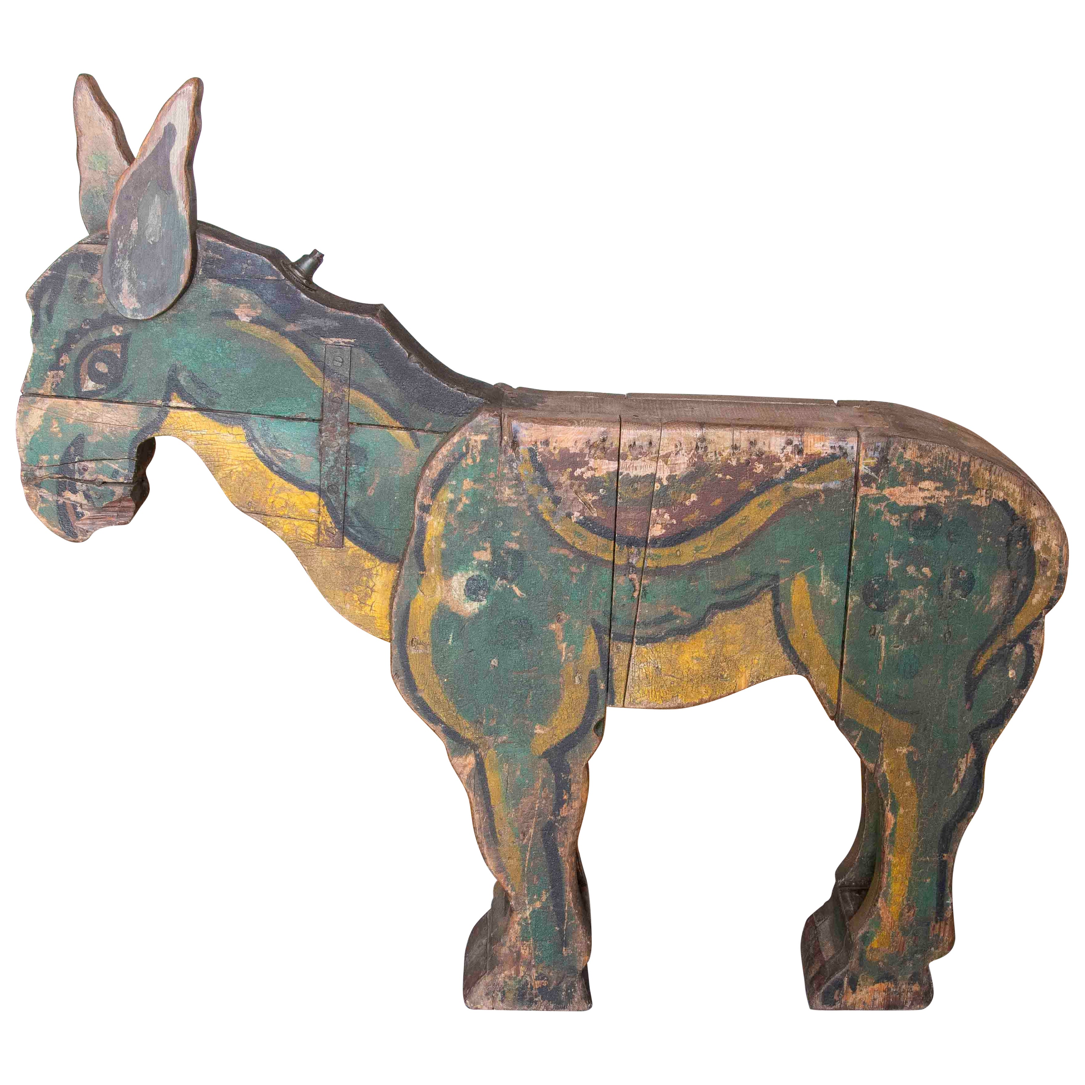 1930s Antique Carousel Donkey Figure in Polychrome Wood Folk Art