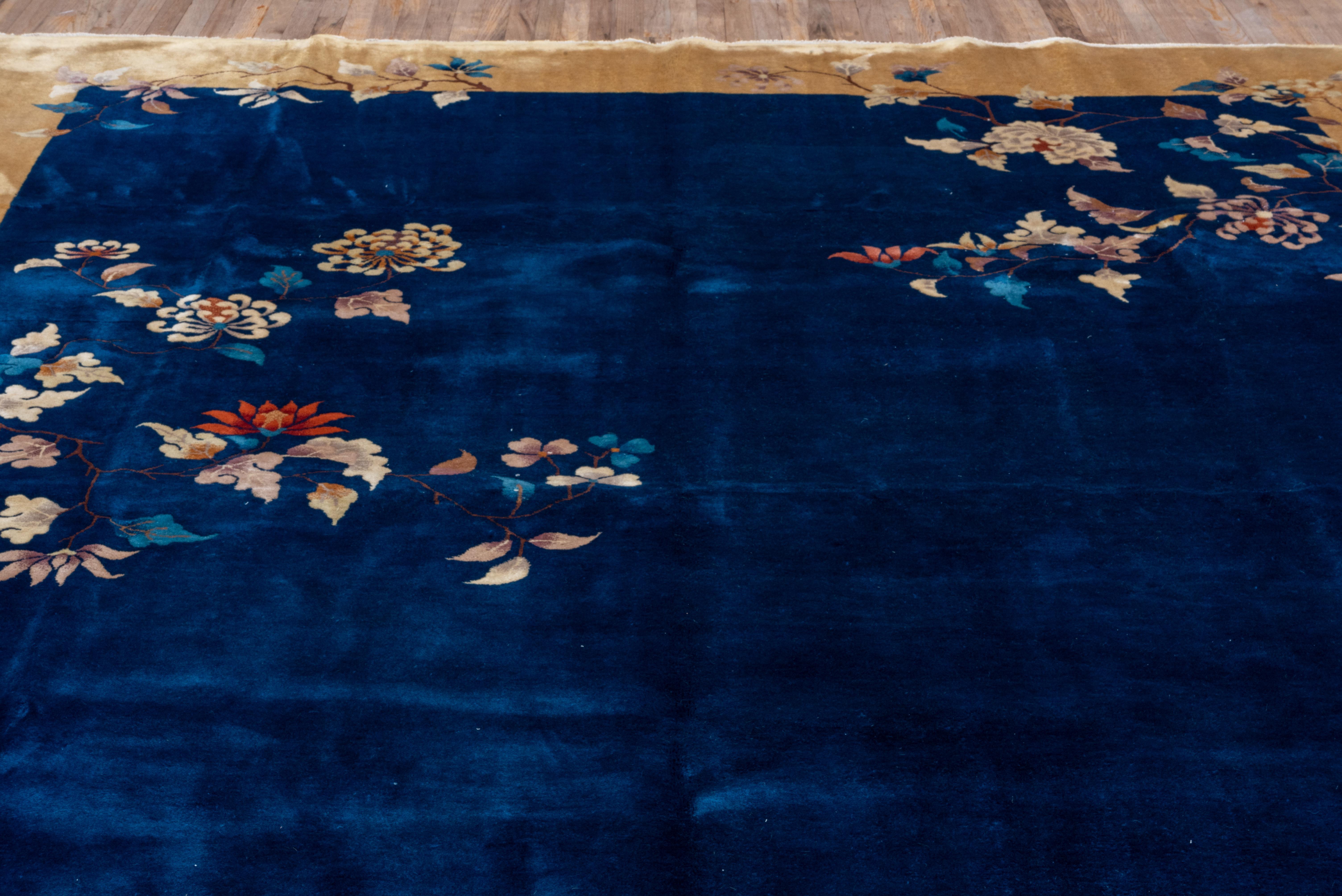 Mid-20th Century 1930s Antique Chinese Art Deco Peking Rug, Navy Field, Gold Borders For Sale
