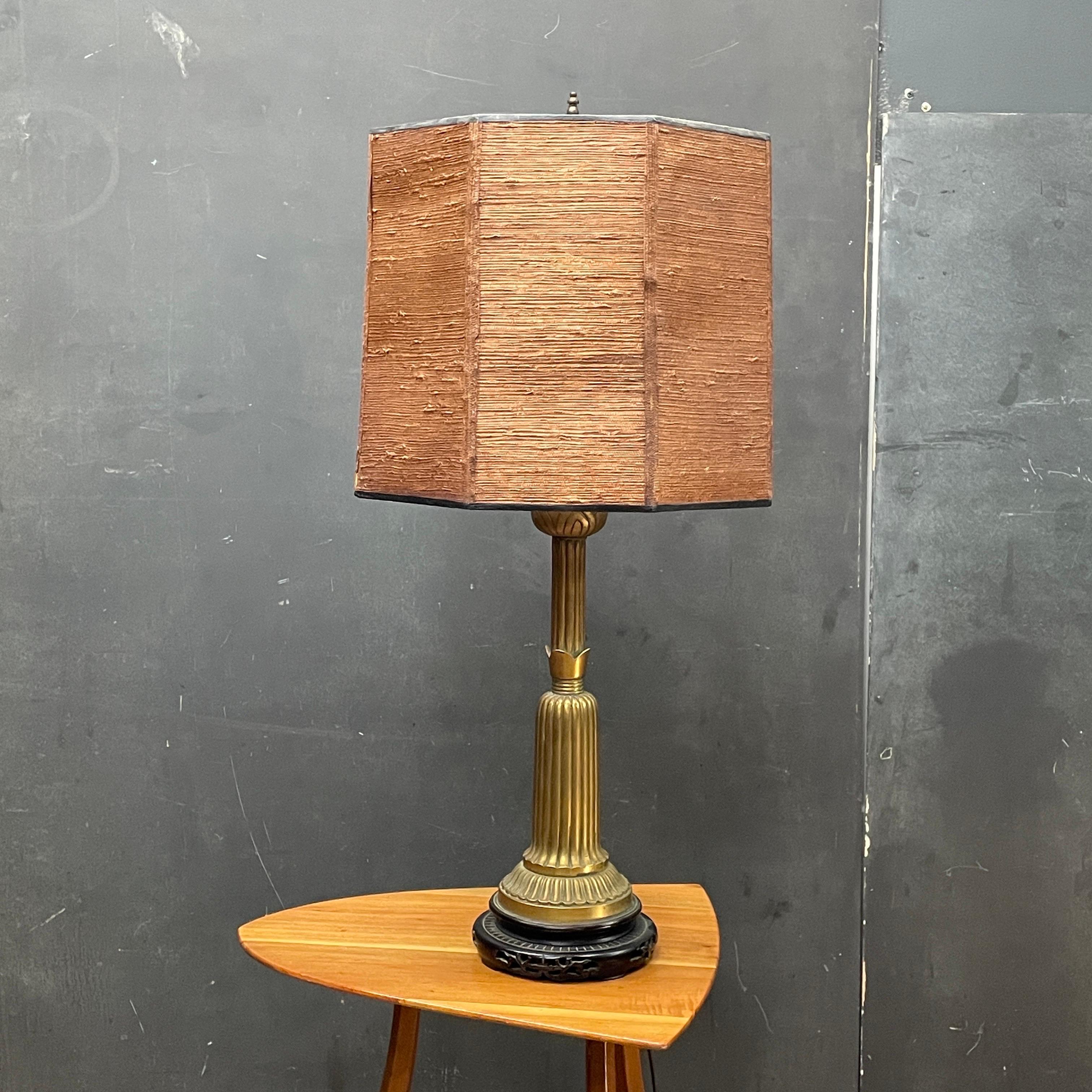 Under stated beauty, made in China, c.1930s.  Nice heavy antique lamp from a wonderfully old multi-generational estate.  Included is the original worn octagonal lampshade.