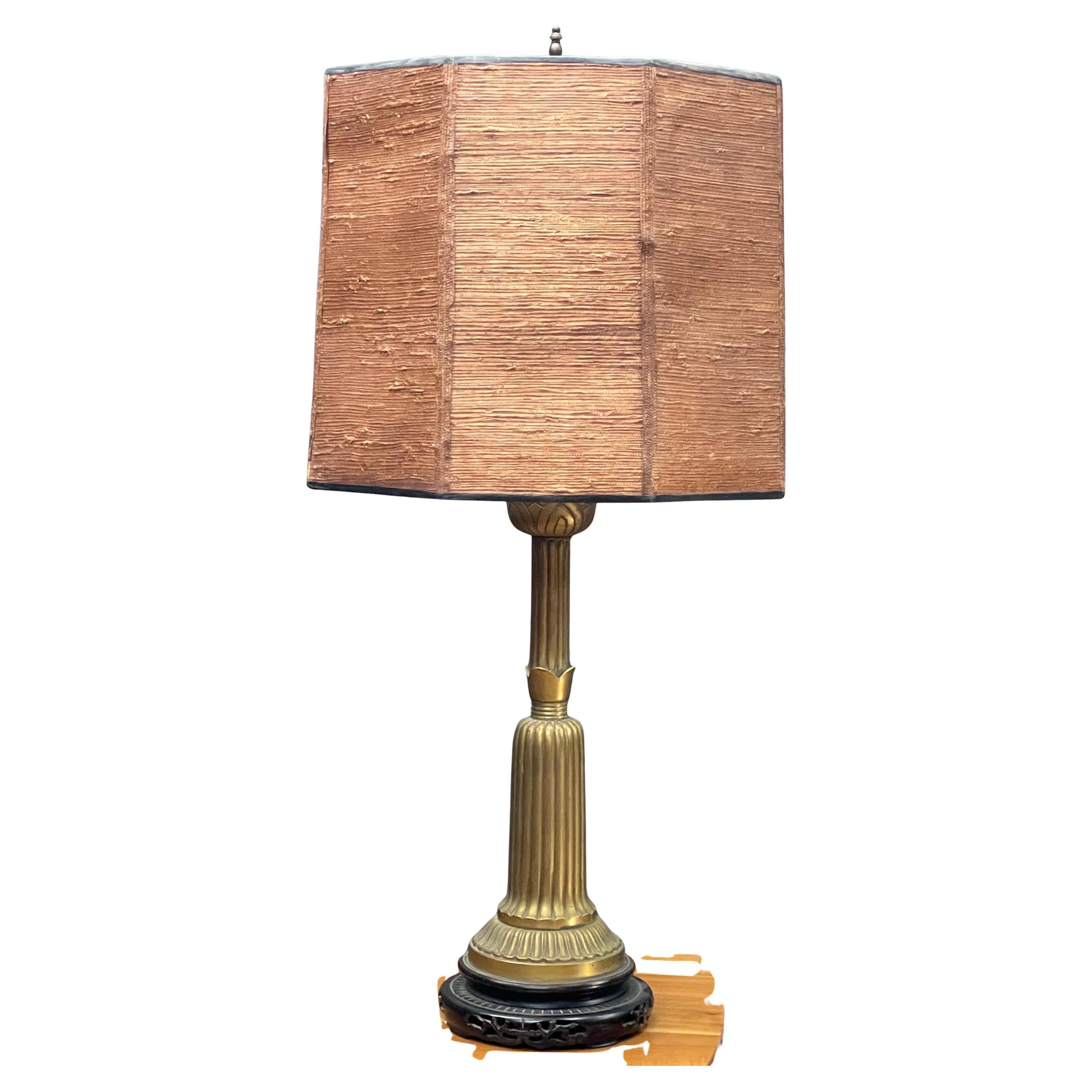 1930s Antique Chinese Brass Lotus Table Lamp, Hollywood Regency For Sale